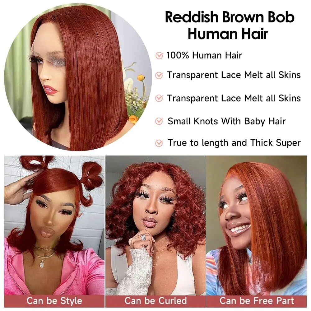 Supsyousf 16 Inch Reddish Brown Short Bob Wig Human Hair 13X4 Lace Front Wigs Human Hair Pre Plucked With Baby Hair Glueless Bra