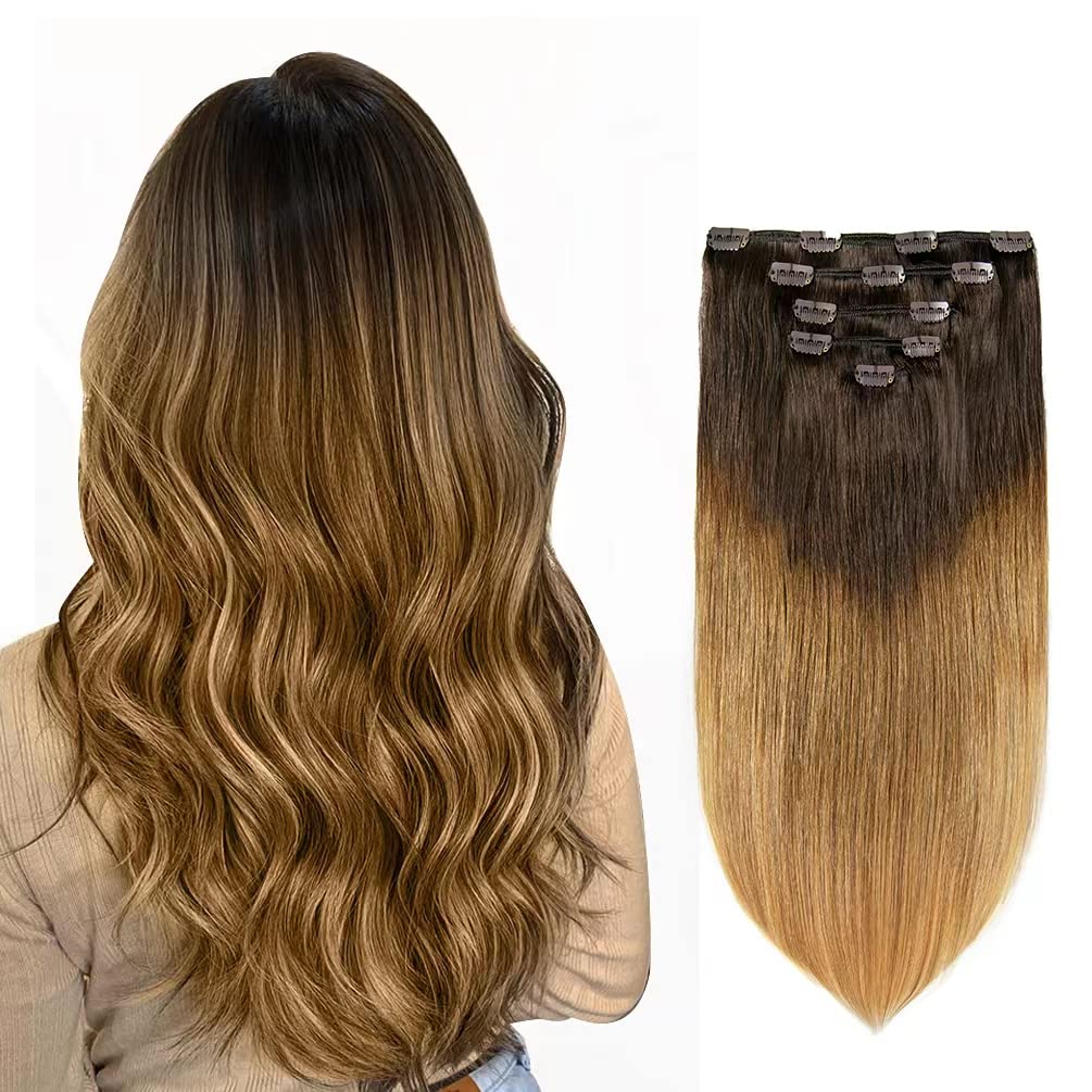5 Pieces 18 Inch Remy Clip in Hair Extensions Human Hair Balayage Brown to Blonde Mixed - Silky Straight Thick Real Hair Extensi