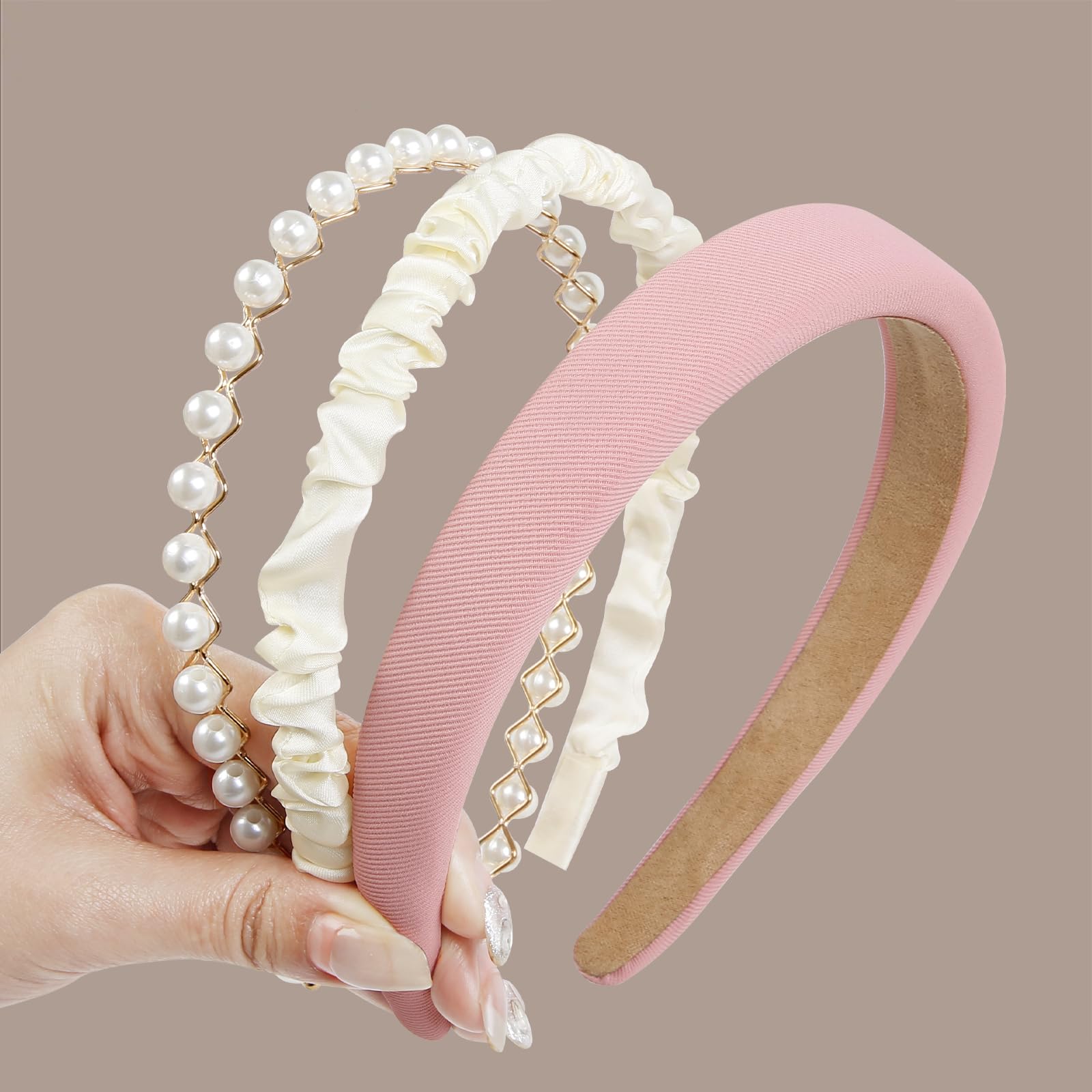 3PCS Pink Head Bands, Fashion Headbands for Women Non Slip Wide Head Bands for Women's Hair Pearl Headband Trendy Padded Headban