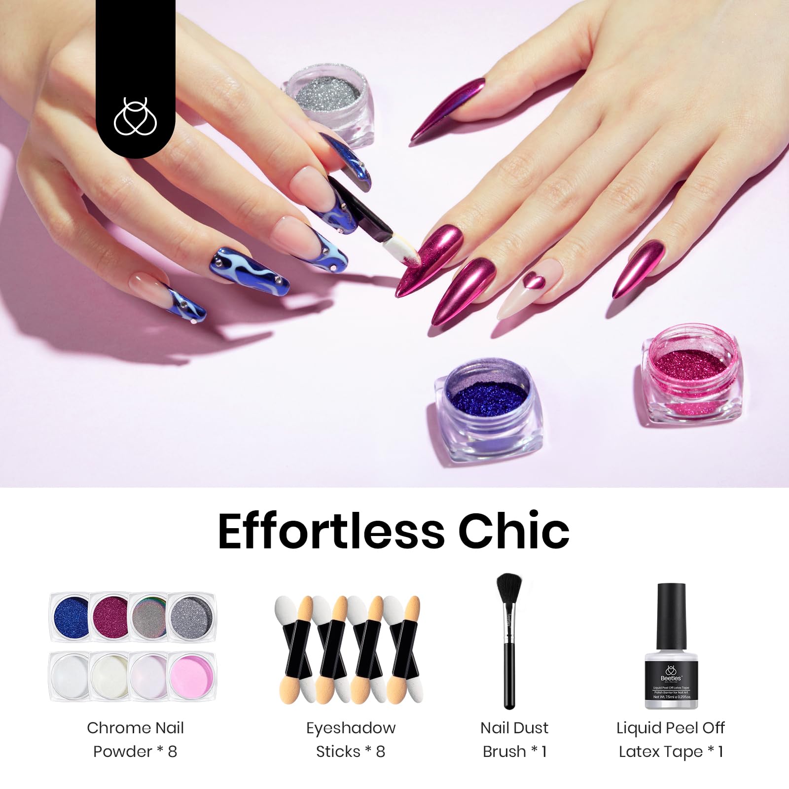 Beetles Chrome Nail Powder 8 Colors Metallic Mirror Effect Chrome Nail Powder With Liquid Latex Tape Kit,White Silver Pigment Ir
