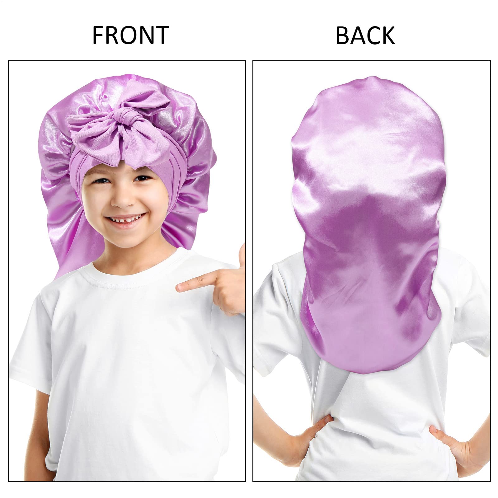 Awaytr Long Toddler Silk Bonnet For Sleeping Elastic Satin Bonnets For Curly Hair Braid Night Cap For Aged 3-12 Kids (Light Purp