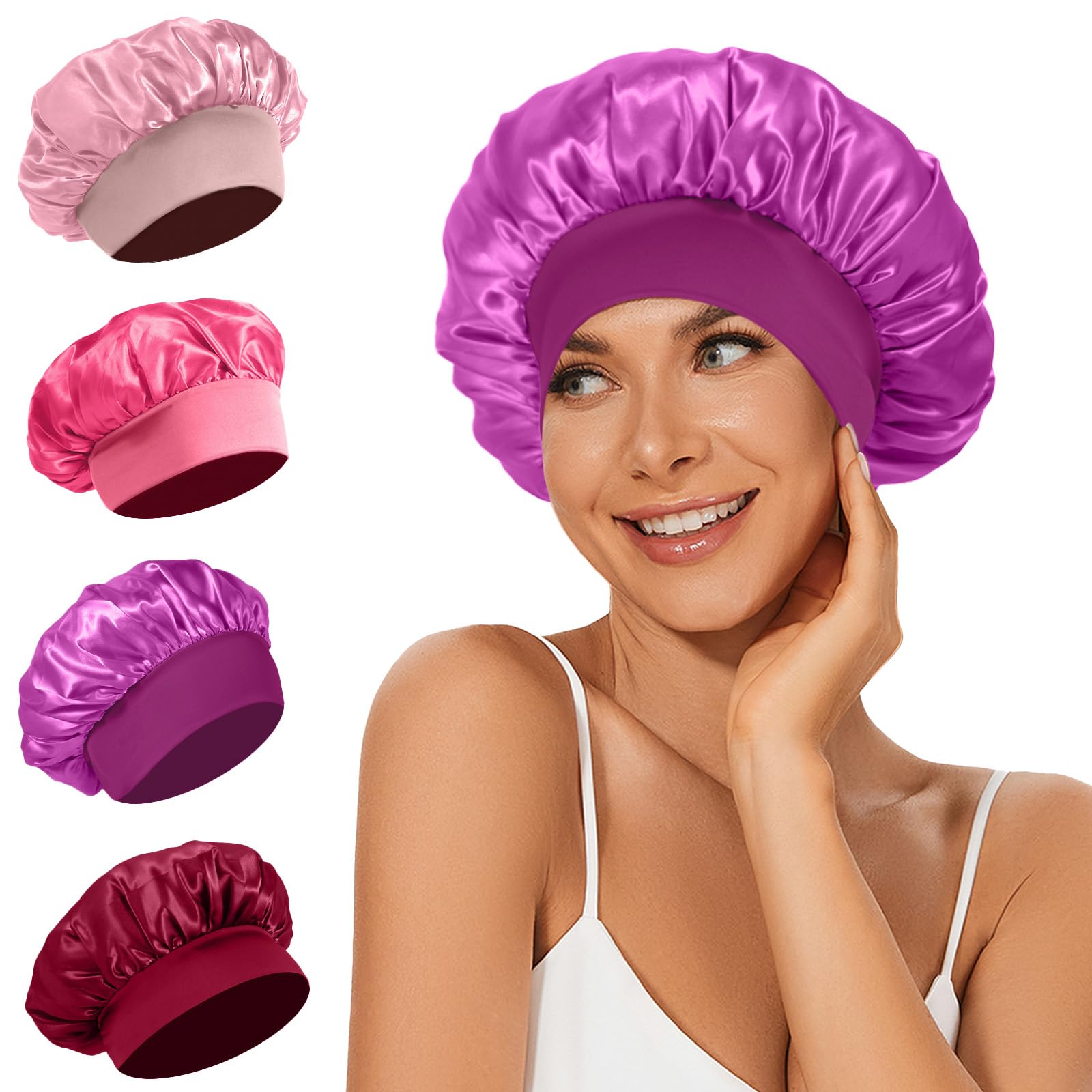 4Pcs Satin Bonnet Silk Bonnet, Hair Bonnet For Sleeping, Elastic Wide Band Silk Sleep Cap, Shower Cap Soft And Breathable (Red S