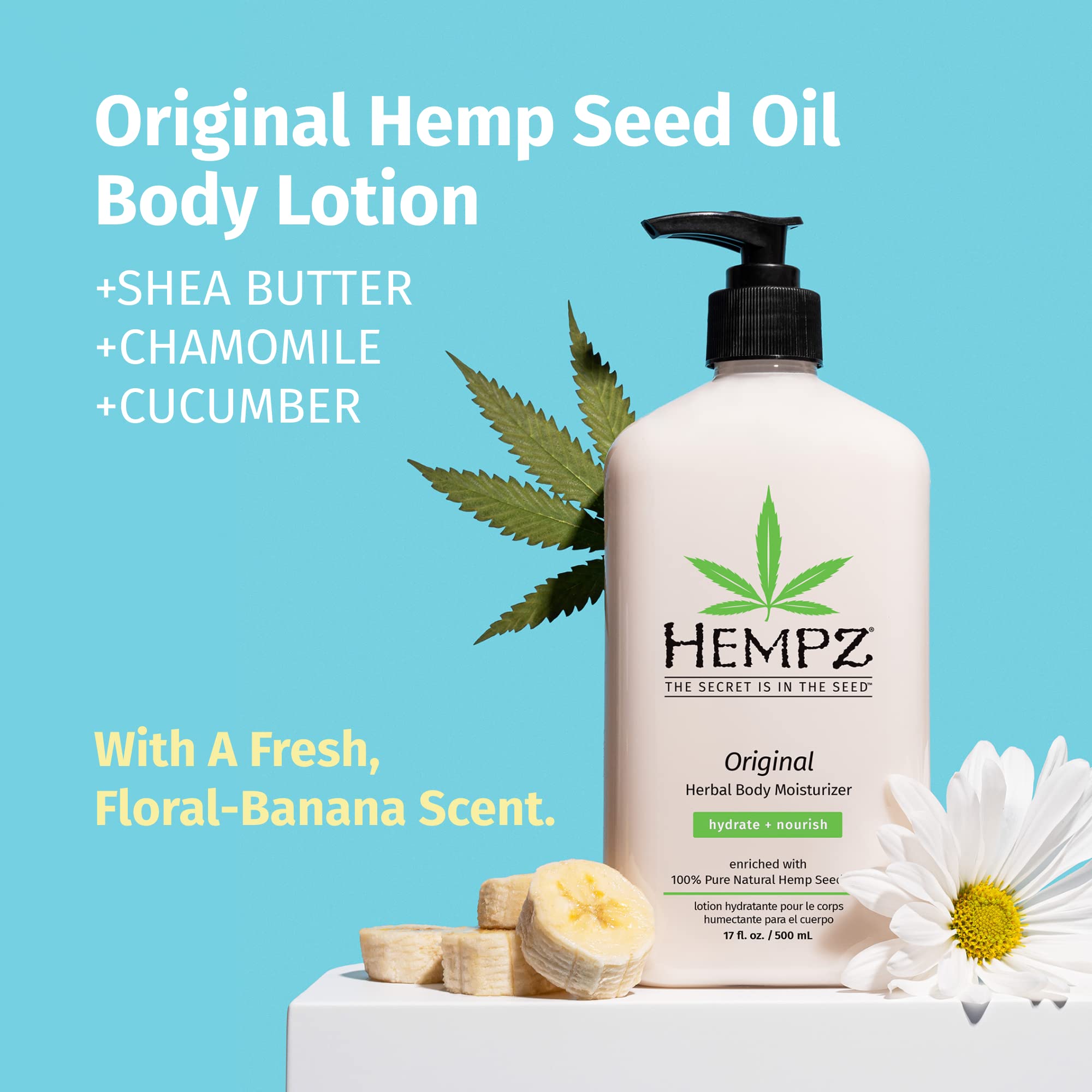 Hempz Original, Natural Hemp Seed Oil Body Moisturizer with Shea Butter and Ginseng, Original Scent, Floral Banana, 17 Fl.Oz ( P