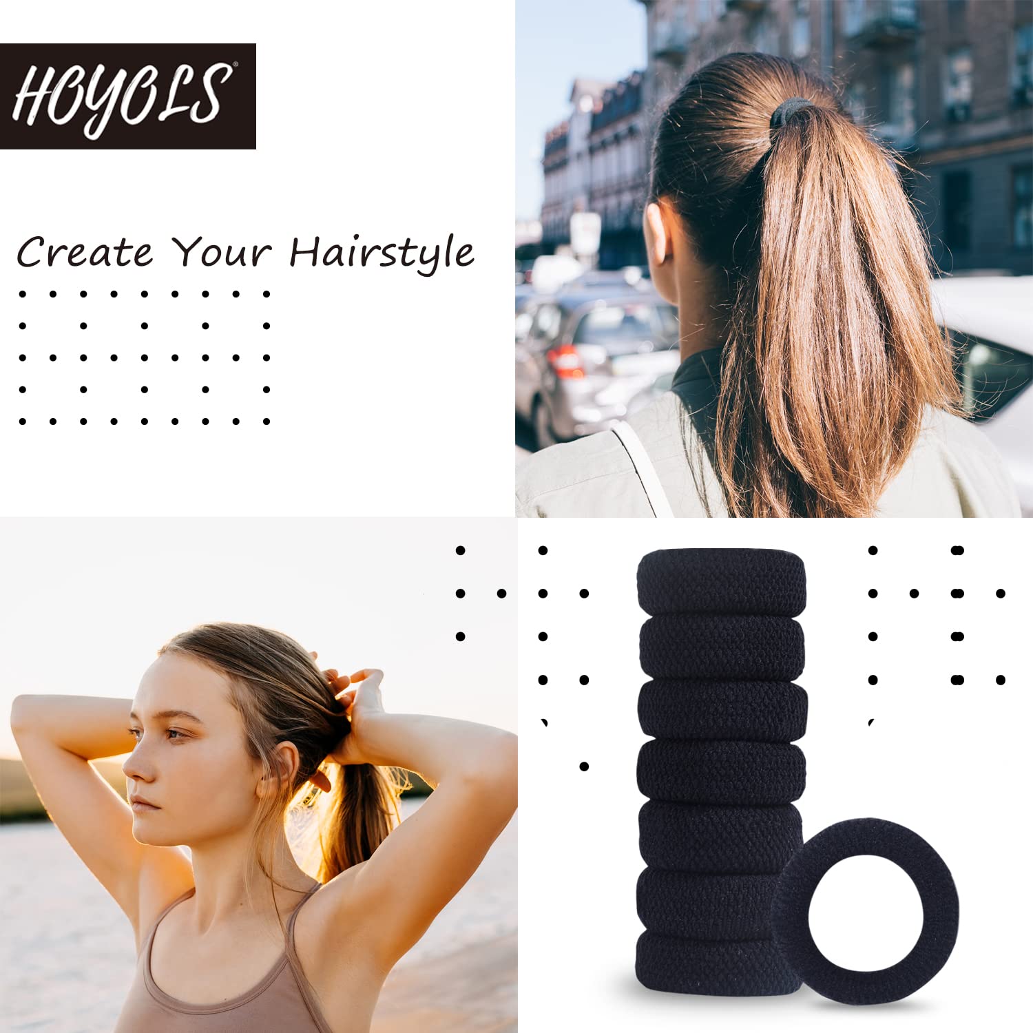 HOYOLS Large Black Hair Ties for Thick Hair, Soft Strong Ponytail Holder Seamless Hair Bands Cotton No Damage Scrunchies for Wom