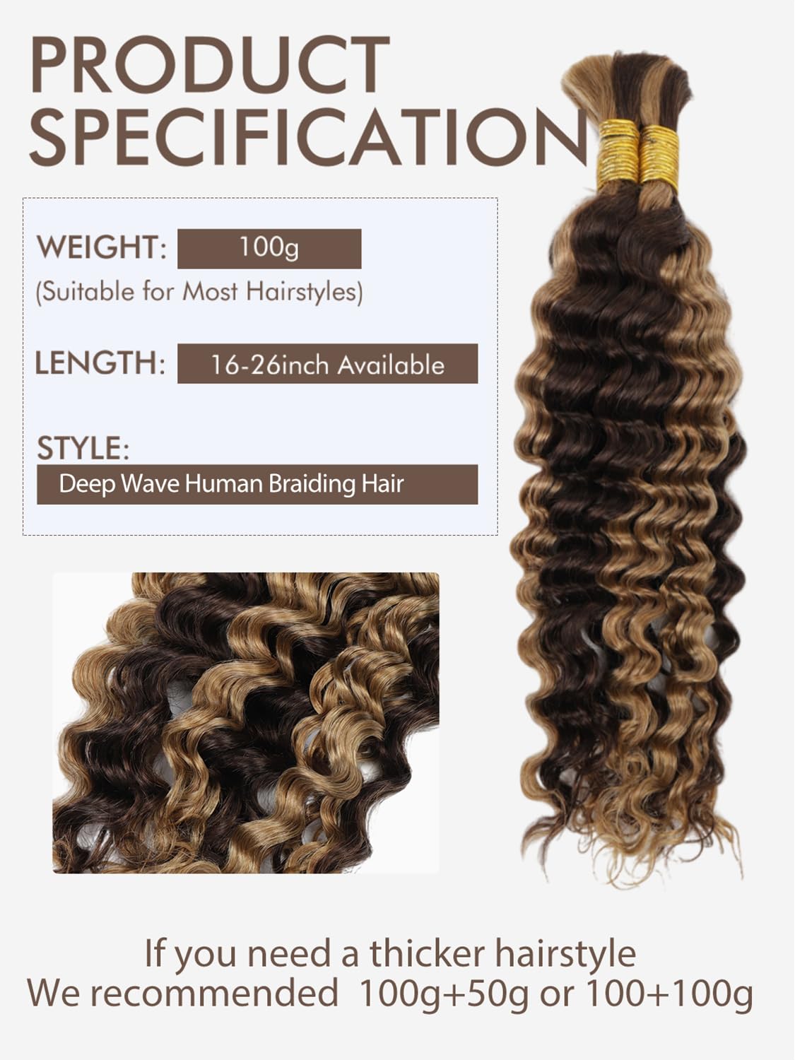 Ombre Braiding Hair 100G 24 Inch P4/27 Human Braiding Hair Deep Wave Honey Blonde Braiding Hair Highlight Water Wave Bulk Human