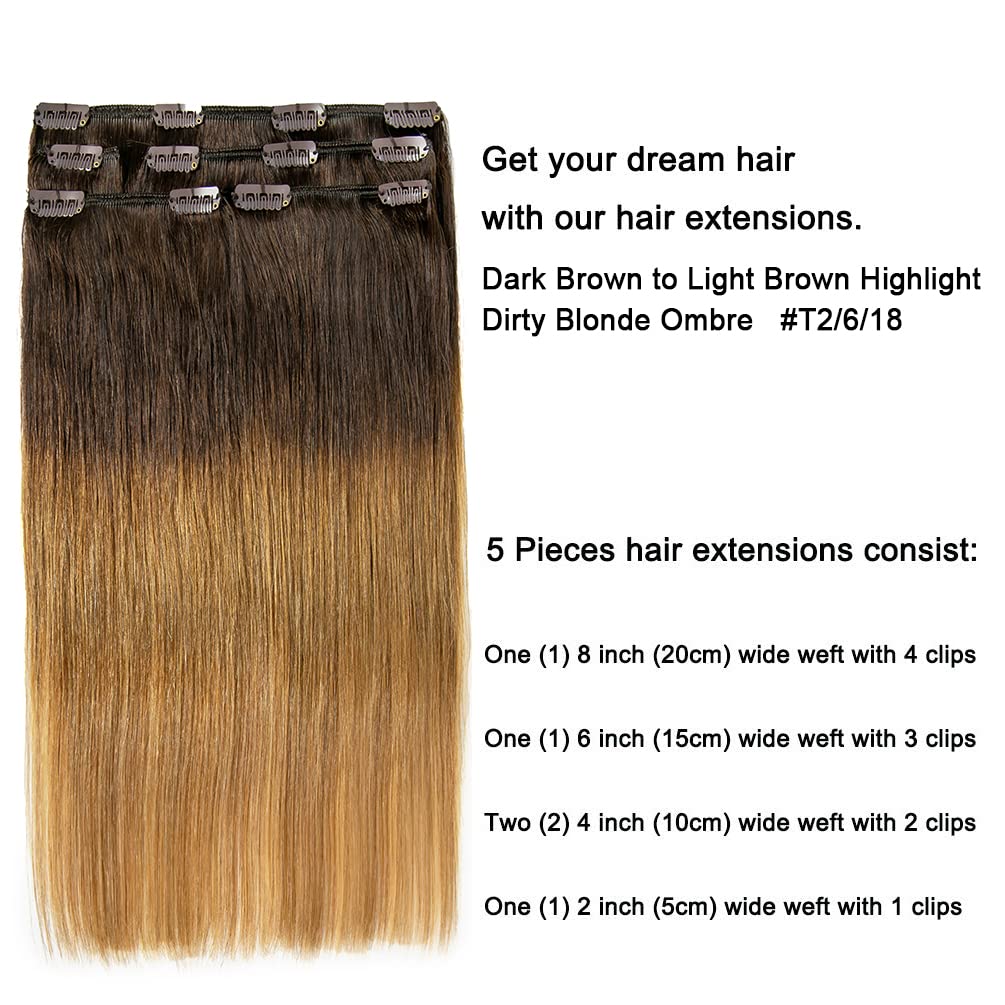 5 Pieces 18 Inch Remy Clip In Hair Extensions Human Hair Balayage Brown To Blonde Mixed - Silky Straight Thick Real Hair Extensi