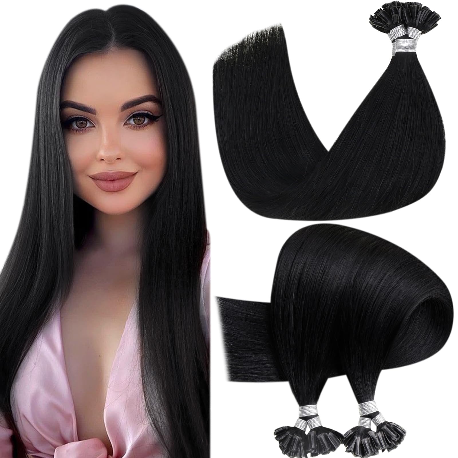 Hetto K Tip Hair Extensions Real Human Hair Invisible Utip Hair Extensions Human Hair Pre Bonded Keratin Hair Extensions #1 Jet 