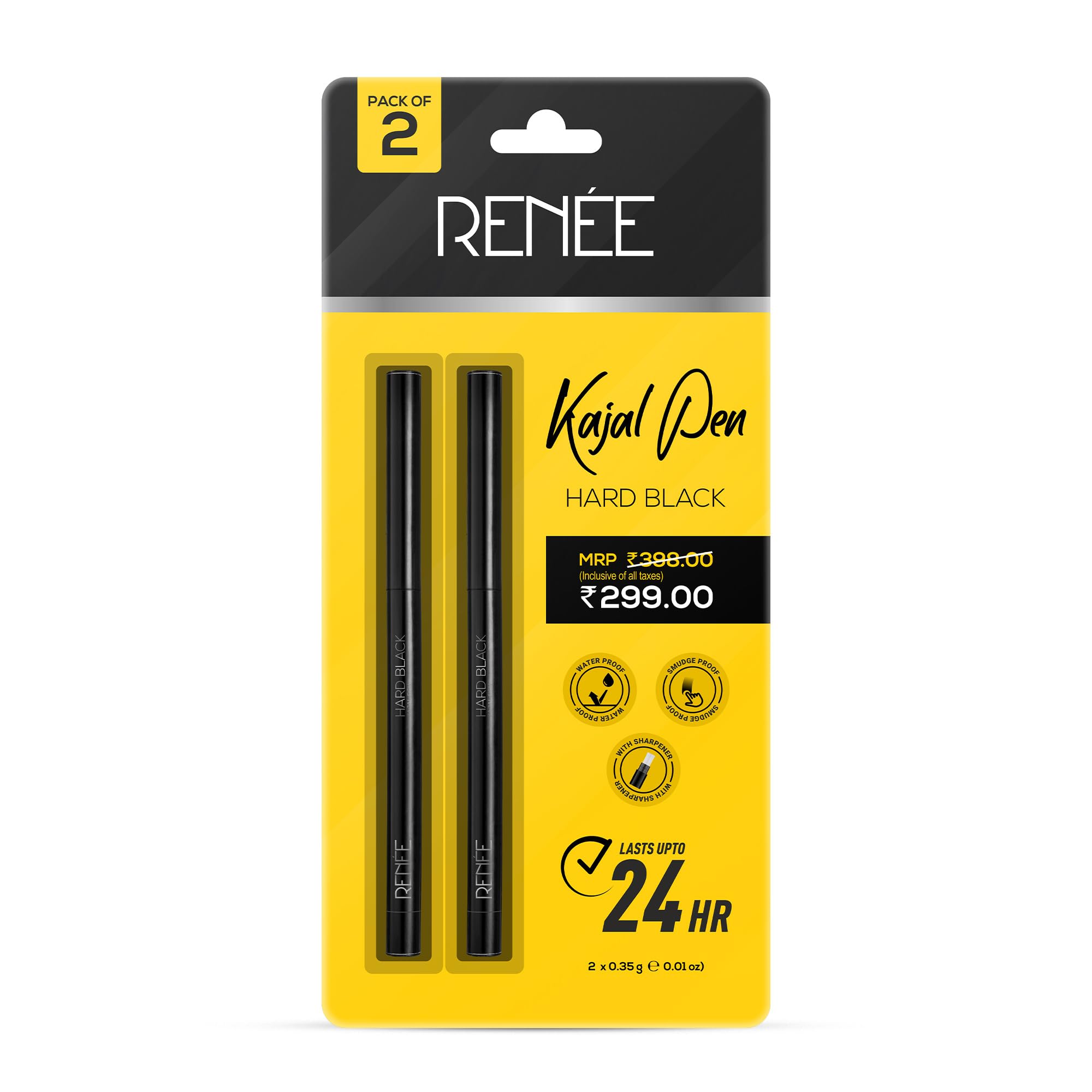 Renee Hard Black Kajal Pen With Sharpener 0.35Gm, Pack Of 2 | Matte Finish | Rich Color Payoff | Long Lasting Upto 24Hrs, Smudge