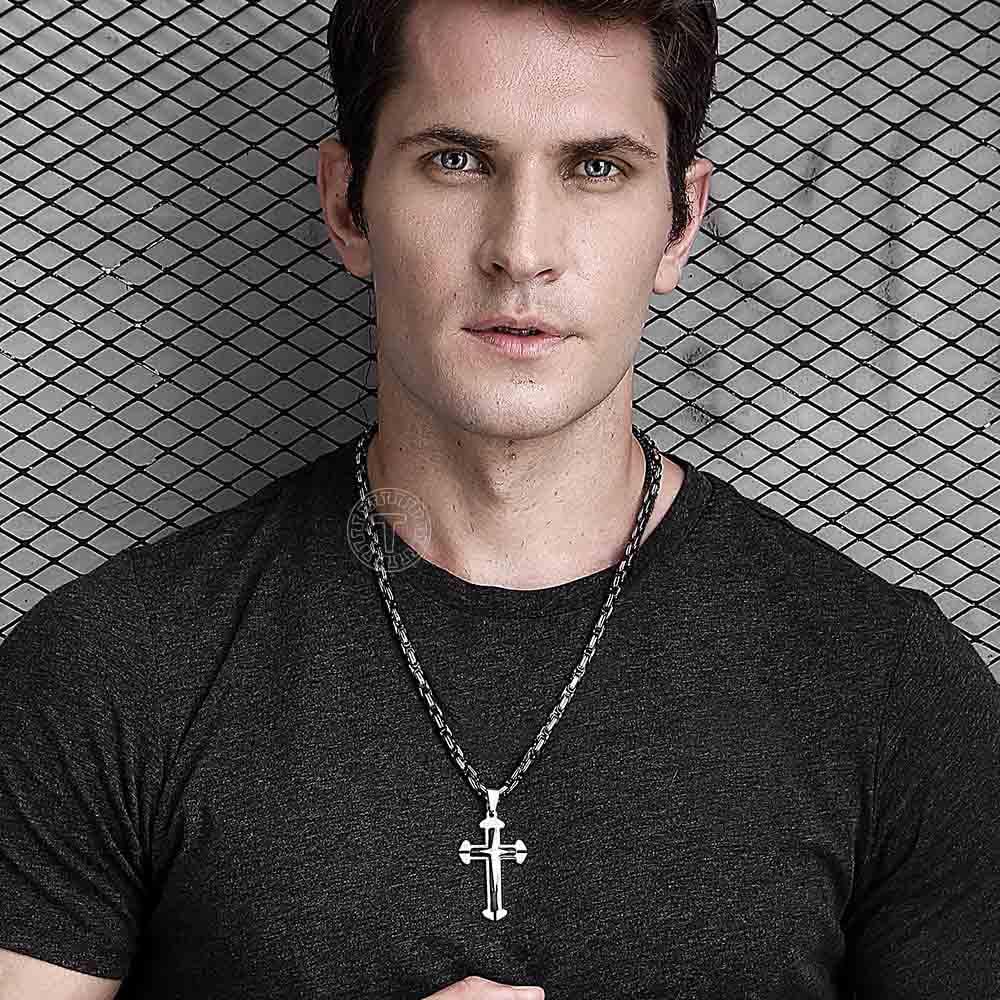 Trendsmax Mens Cross Pendant Necklace Stainless Steel Black Silver Byzantine Chain 22inch