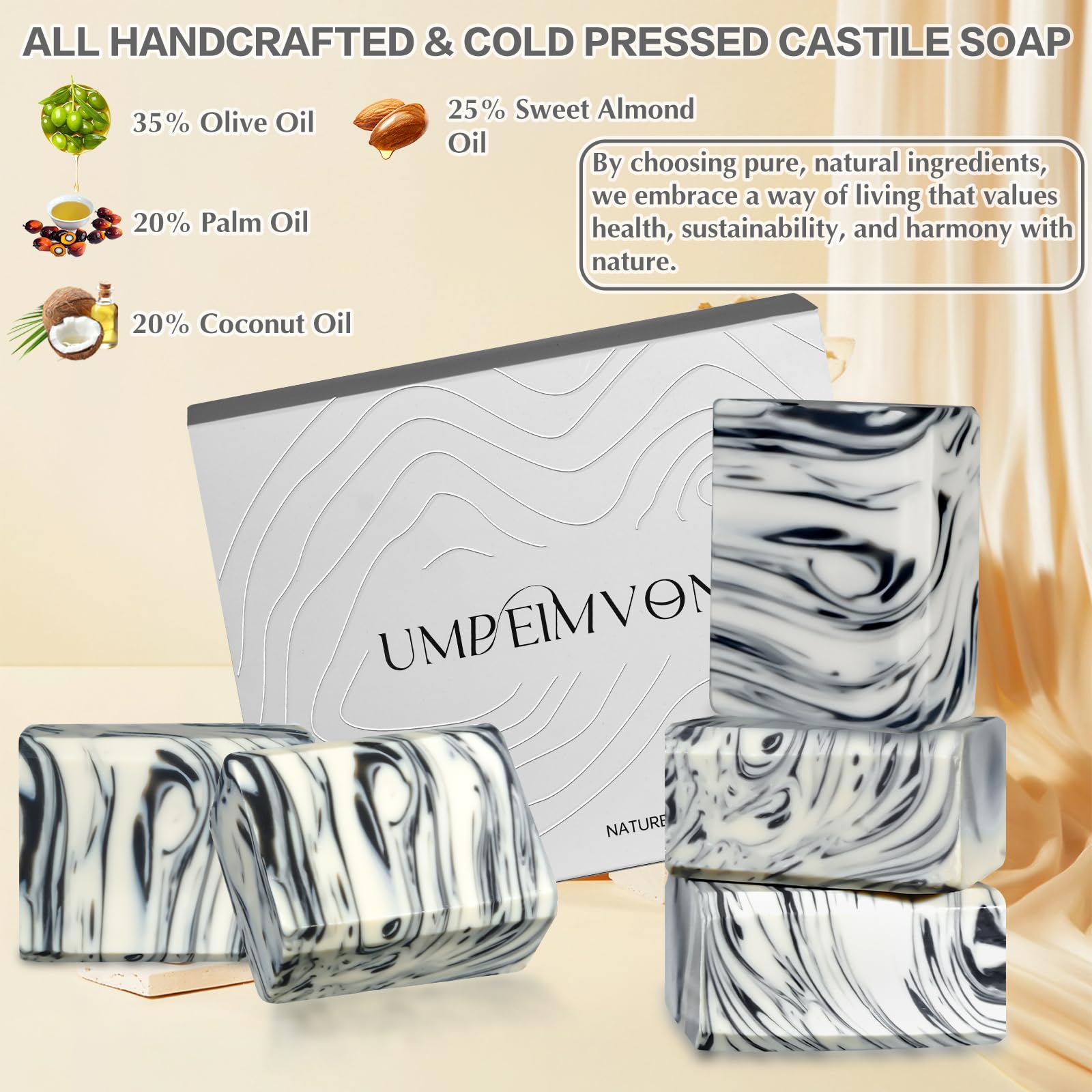 Umpeimvon 5 Pack Castile Soap Bar Handmade Organic Olive Oil Soap, All Cold Process Natural Bar Soap for Women and Men, Olive an