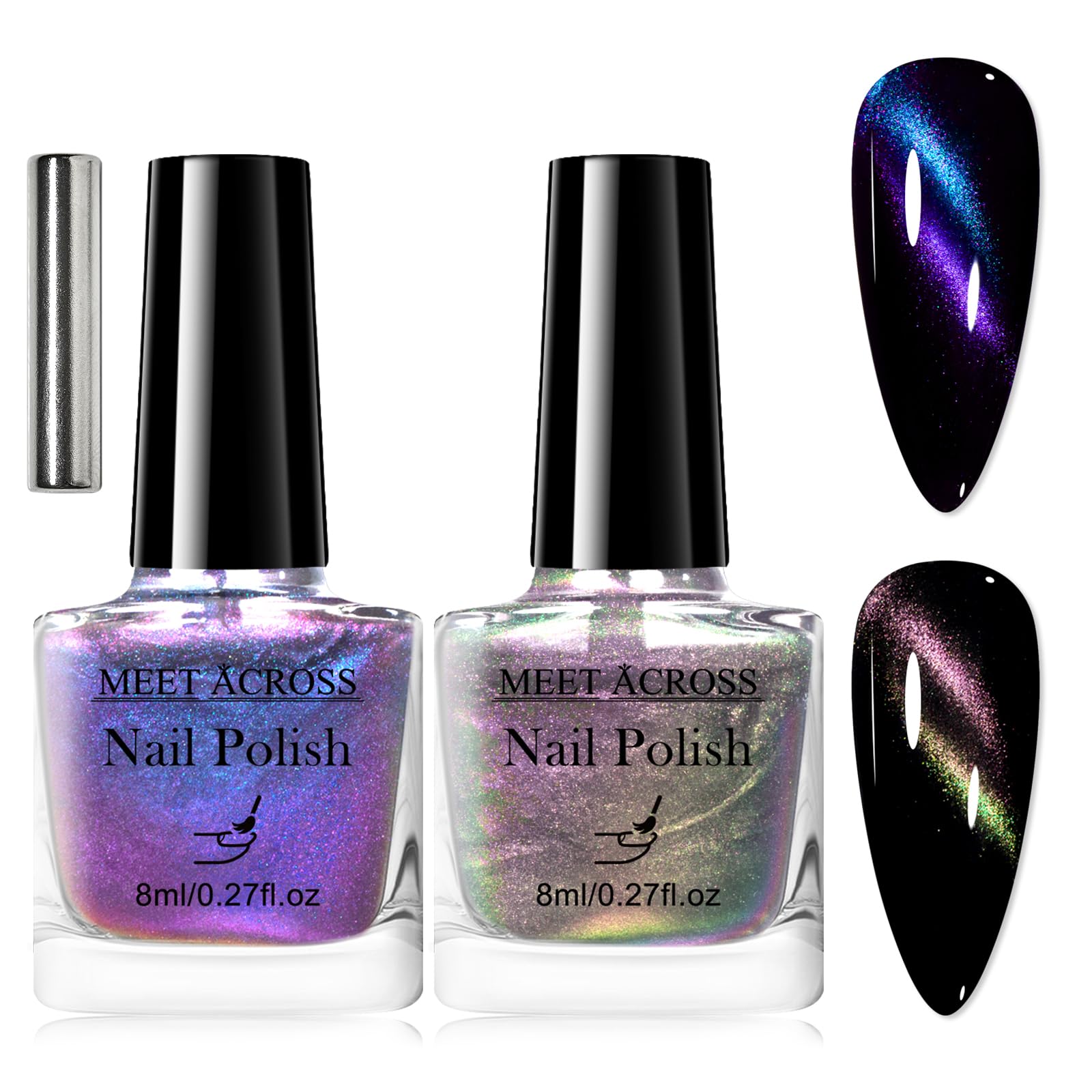 MEET ACROSS 3Pcs Magnetic Cat Eye Nail Polish with Magnetic Stick Kit, Chameleon Nail Polish Non Gel, Quick Dry 2 Colors