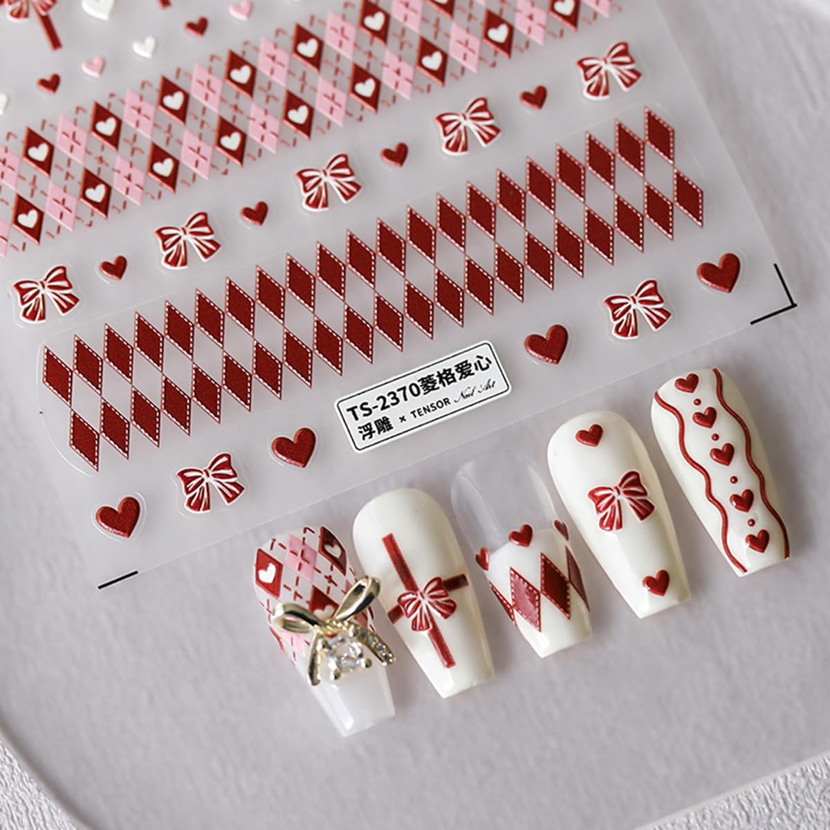 Valentine'S Day Nail Art Stickers Decals 5D Embossed Nail Decals Red Love Heart Bow Rhombus Love Heart Design Valentines Nail Ad