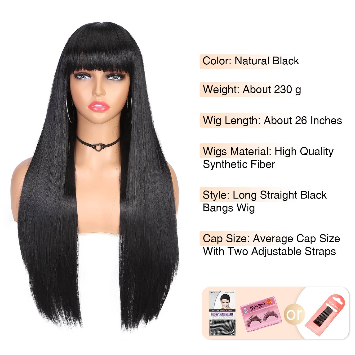 Wiger Long Black Wigs With Bangs Straight Black Hair Dye Wig For Women Long Bangs Wig Full Black Cosplay Wig For Girls Synthetic