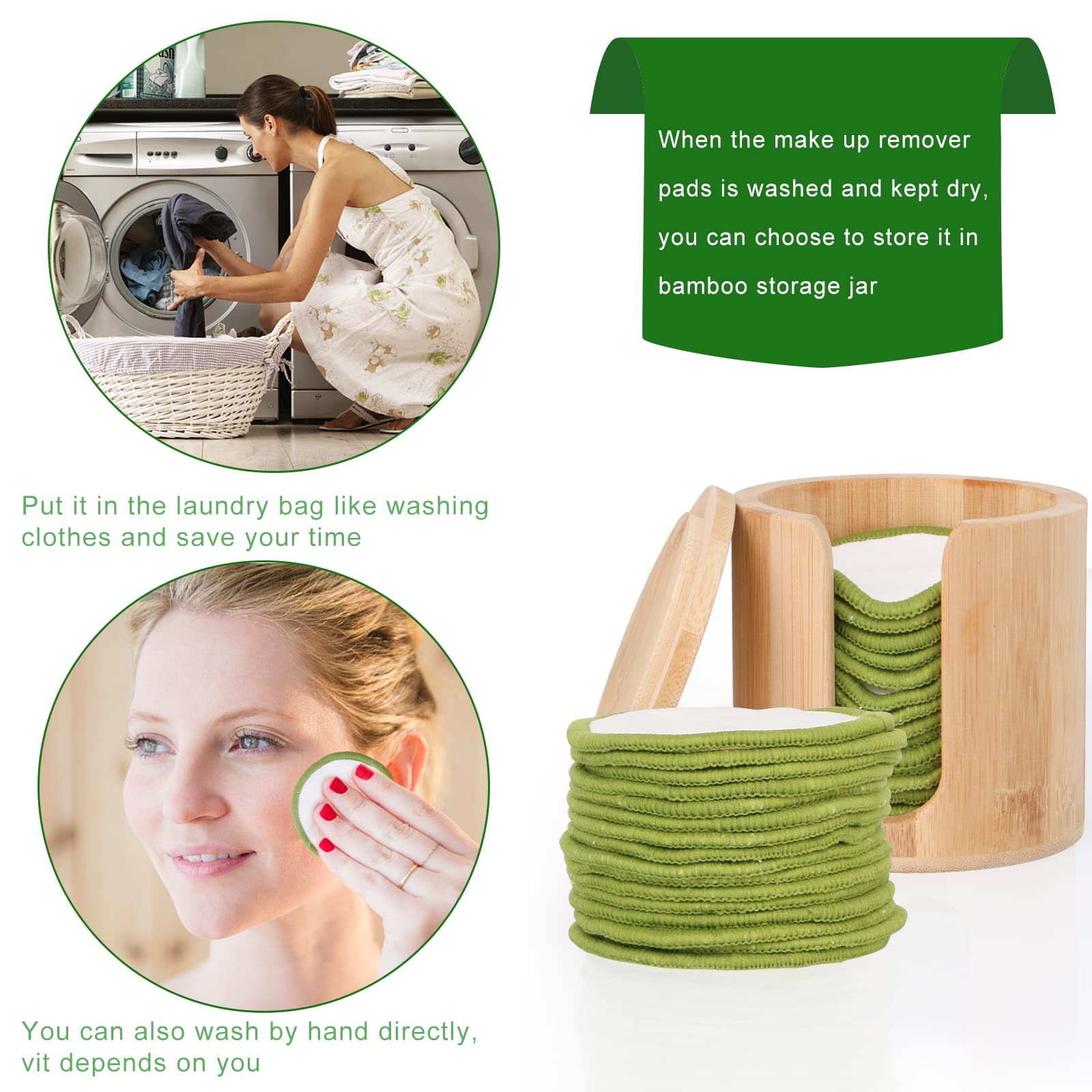 UNIMEIX Reusable Makeup Remover Pads - 16 Pack Organic Cotton Rounds with Bamboo Holder, Green