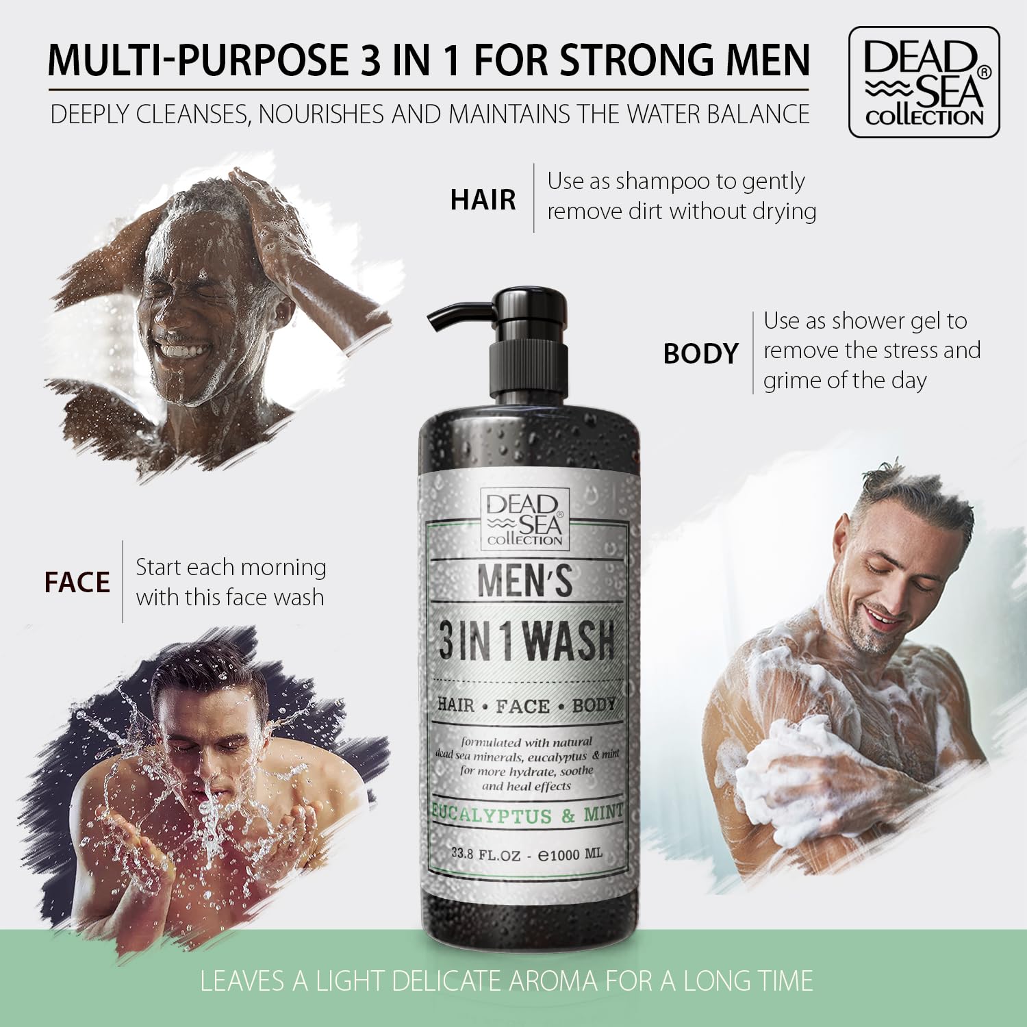 Dead Sea Collection Mens Body Wash 3 In 1 - Eucalyptus Body Wash For Men - Shower Gel - Shampoo - Shower Soap For Face And Hair