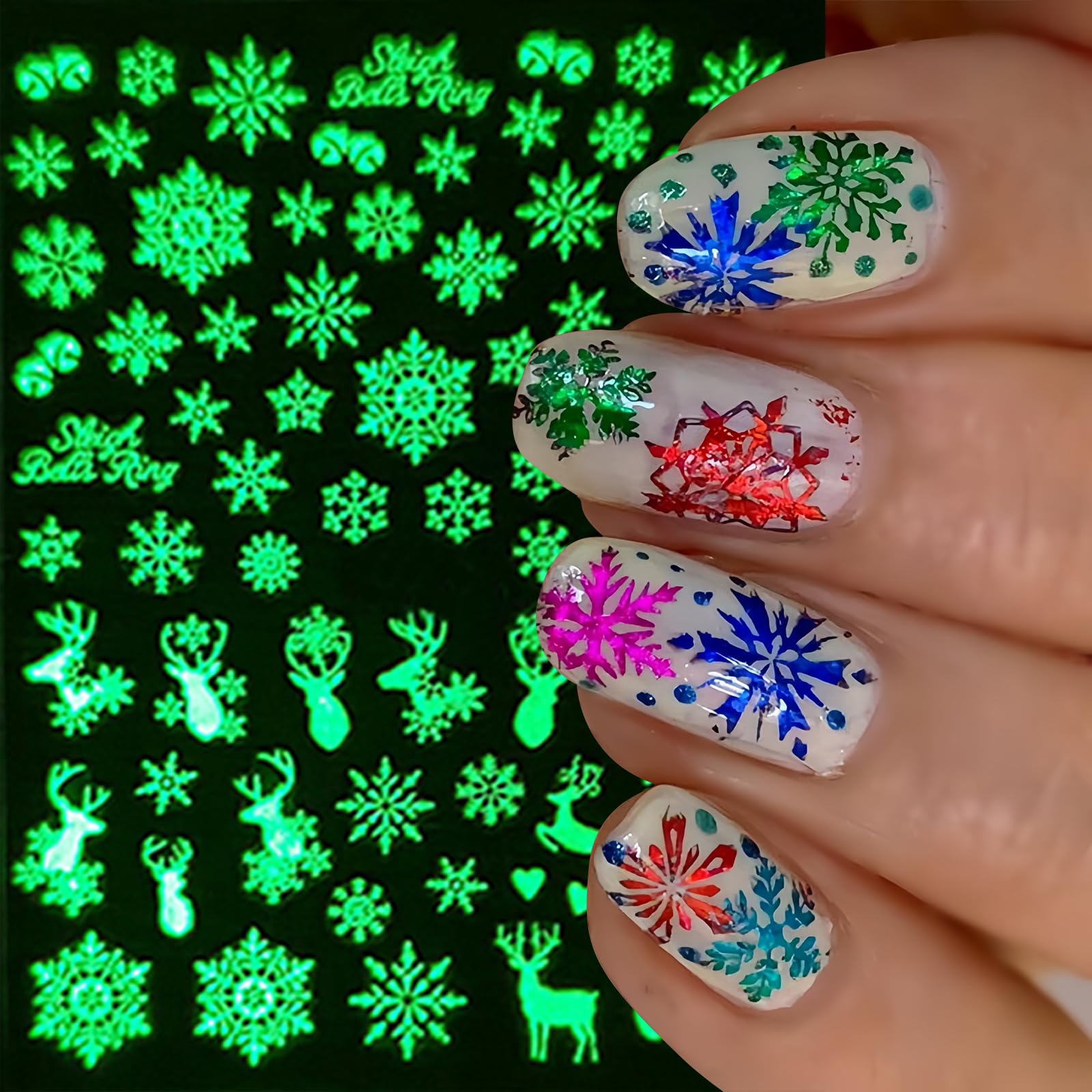 8 Sheets Christmas Luminous Nail Art Stickers Santa Claus Snowflake Elk Snowmen Nail Decals Xmas Tree Snowball Floral Nail Desig