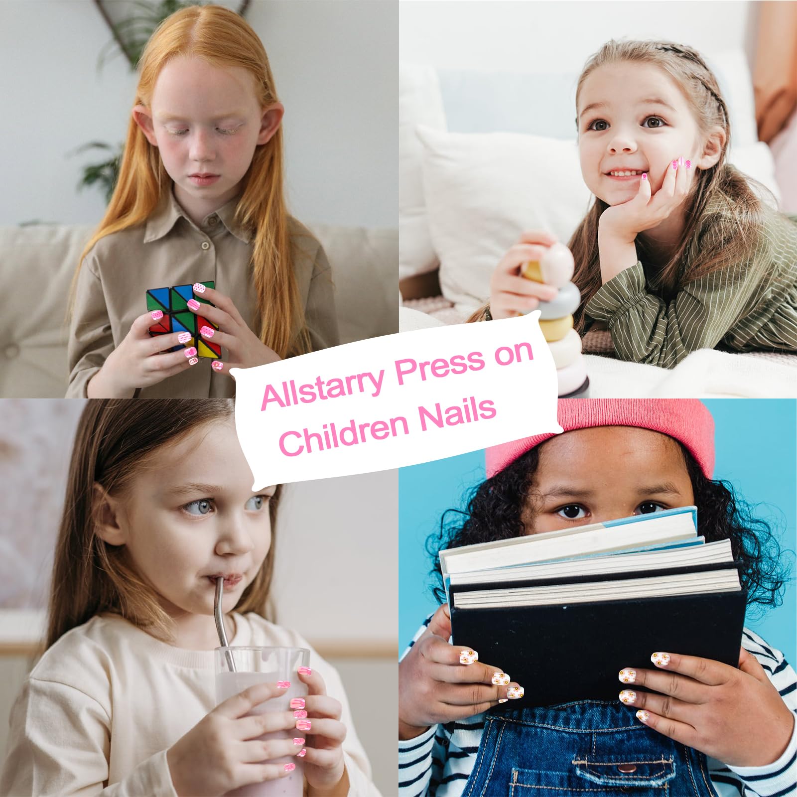 Allstarry 72Pcs 3 Pack Children Nails Press On Pre-Glue Full Cover Bear Sunflower Doughnut Short False Nail Kits Lovely Gift For