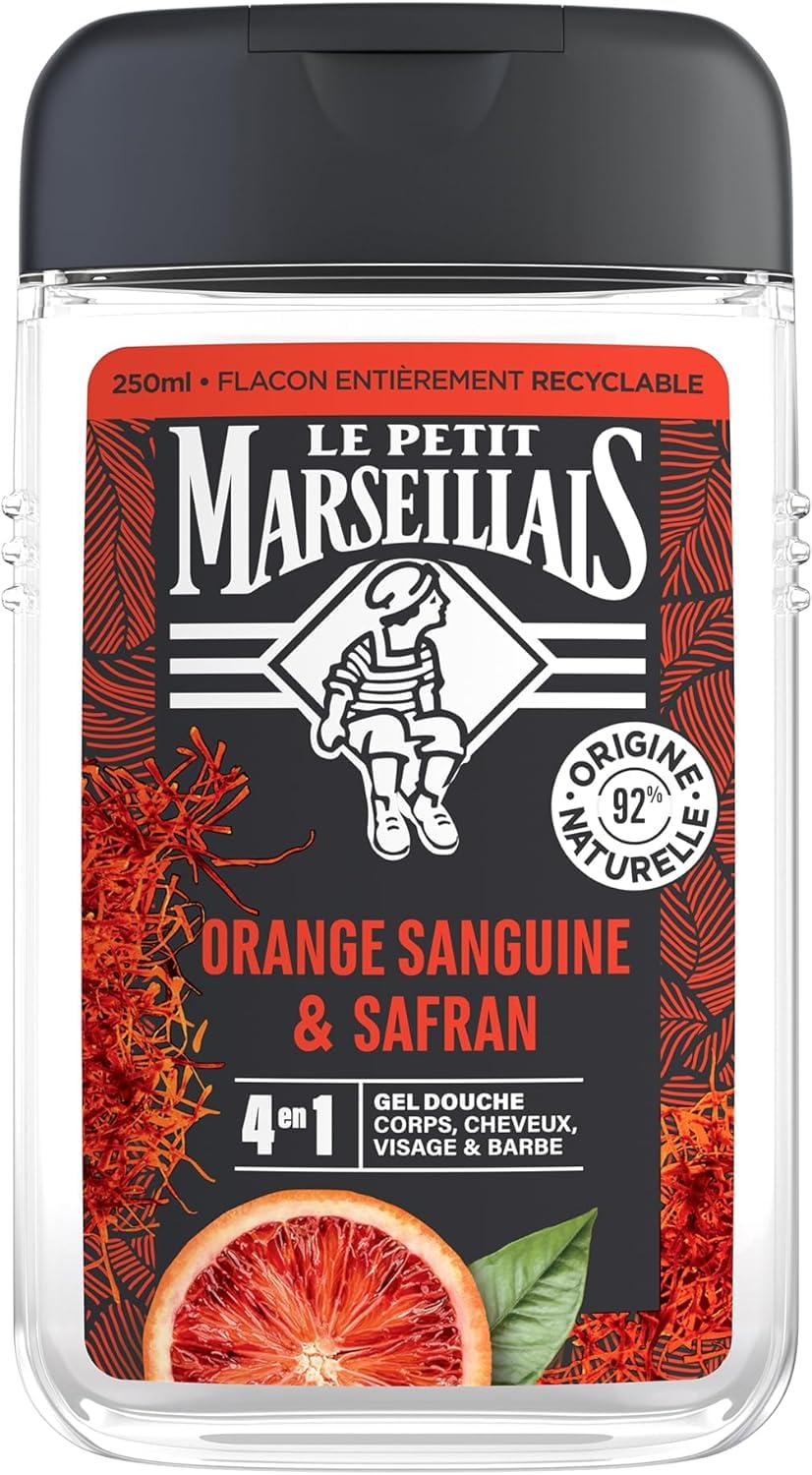 Le Petit Marseillais - Men's Shower Gel Blood Orange and Saffron (250 ml bottle) - 4 in 1 formula for body, hair, face & beard -