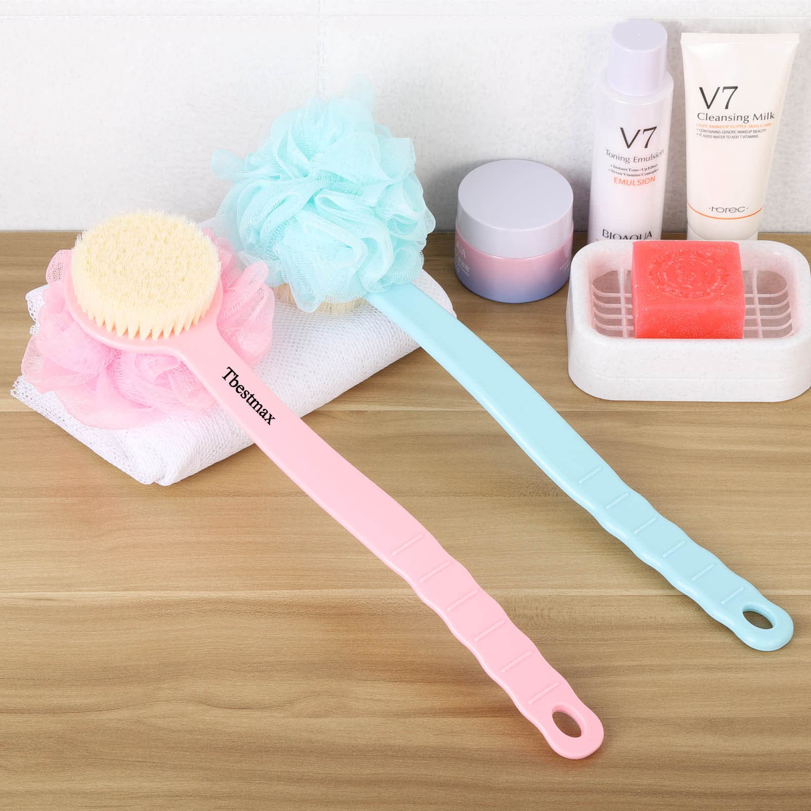 Tbestmax Loofah Back Scrubber Long Handle Shower Body Brush With Soft Mesh Sponge For Women Skin Exfoliating Bath, Massage