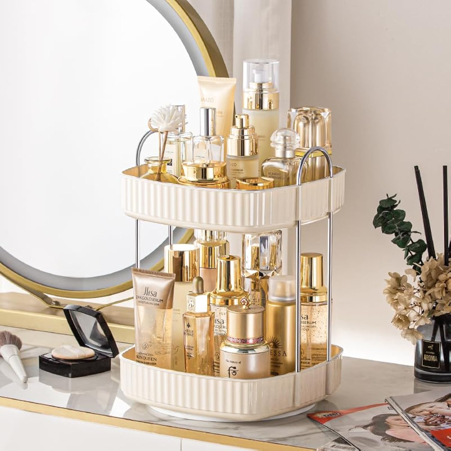 CESTATIVO 360 Rotating Makeup Organizer, Spinning Bathroom Organizer Countertop, Large Capacity Cosmetics Skincare Organizer for