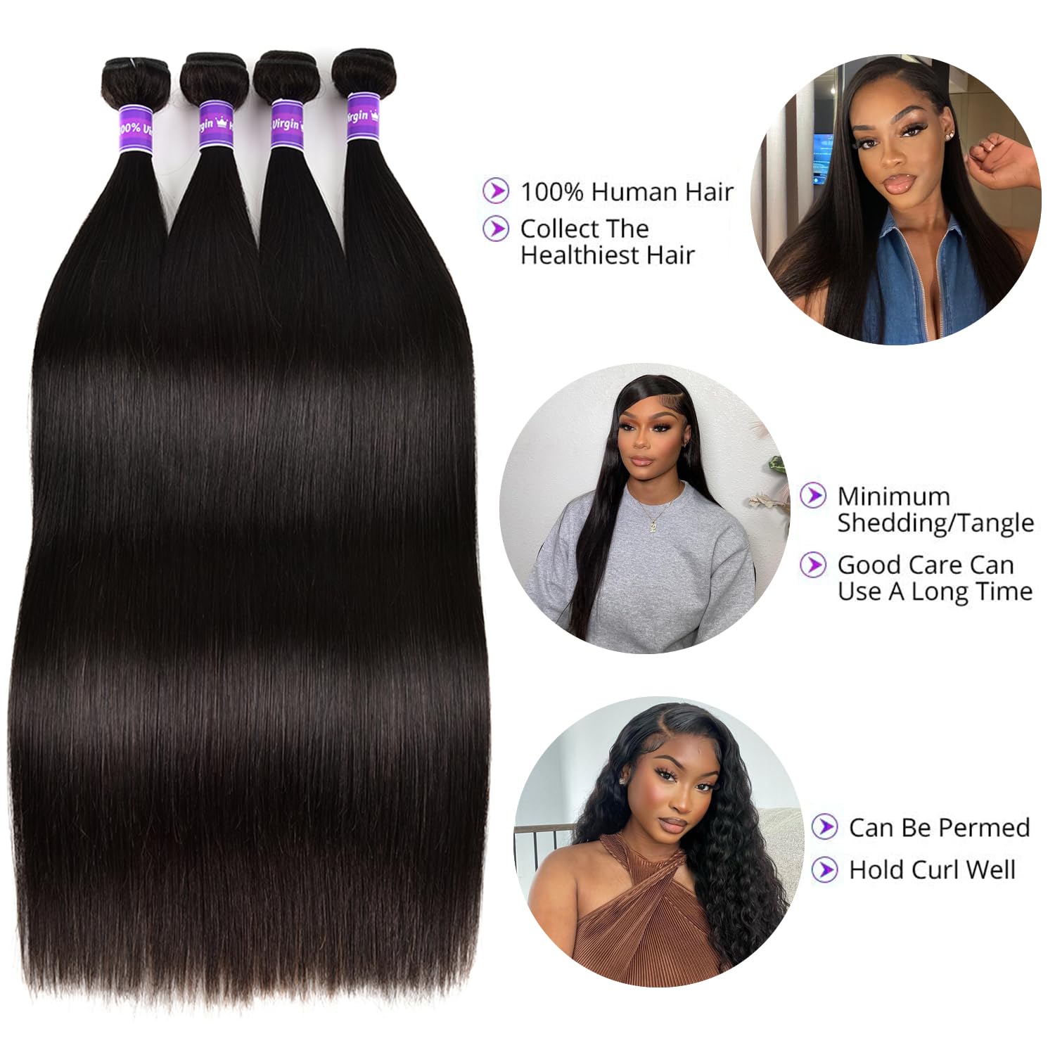 Brazilian Straight Bundles Human Hair (20 22 24 26) 100% Unprocessed Straight Weave 4 Bundles Human Hair 10A Grade Weave Bundles