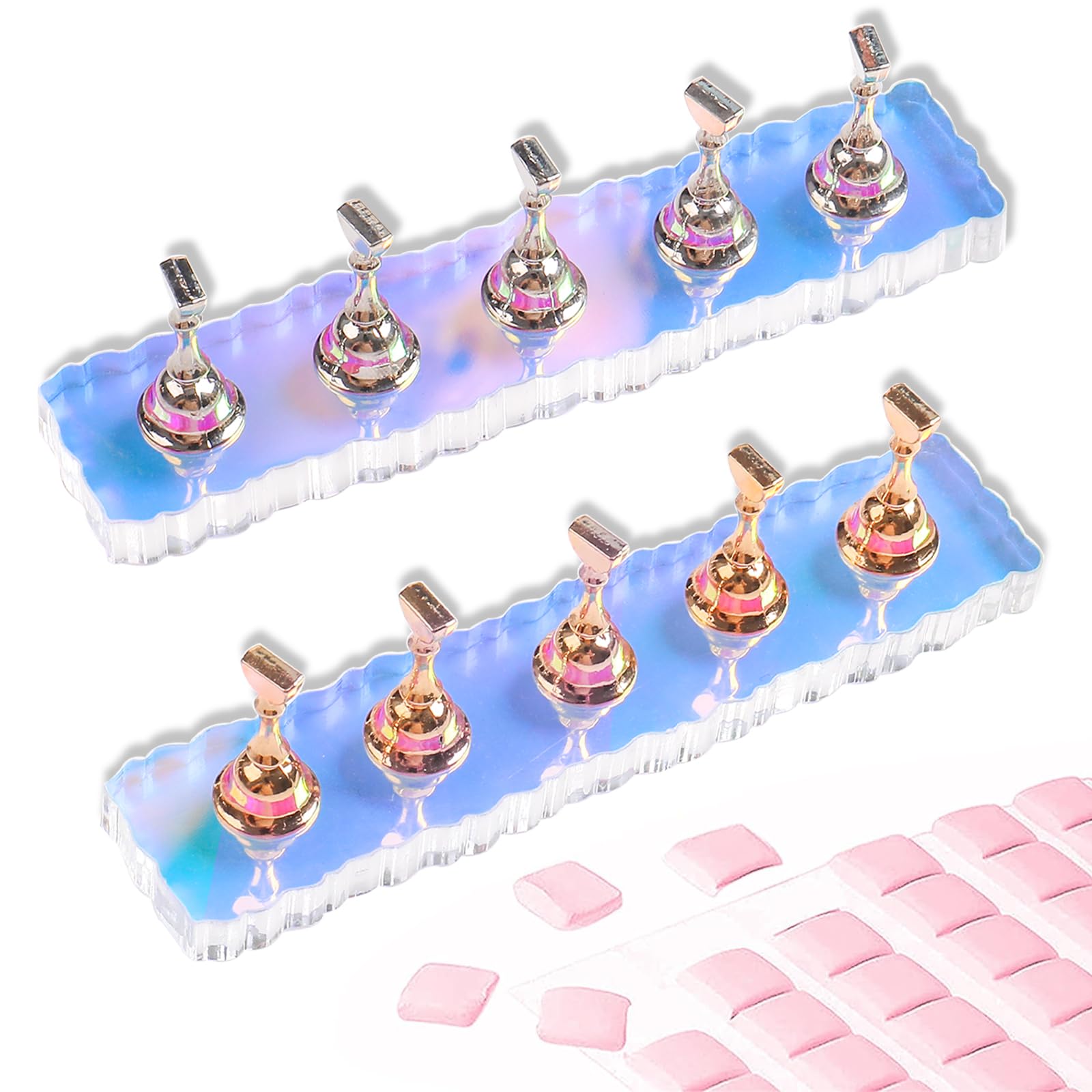 Angnya 2 Set Nail Stand, Aurora Nail Holder For Painting Nail Stand For Press On With 96 Pcs Reusable Sticky Putty Nail Display