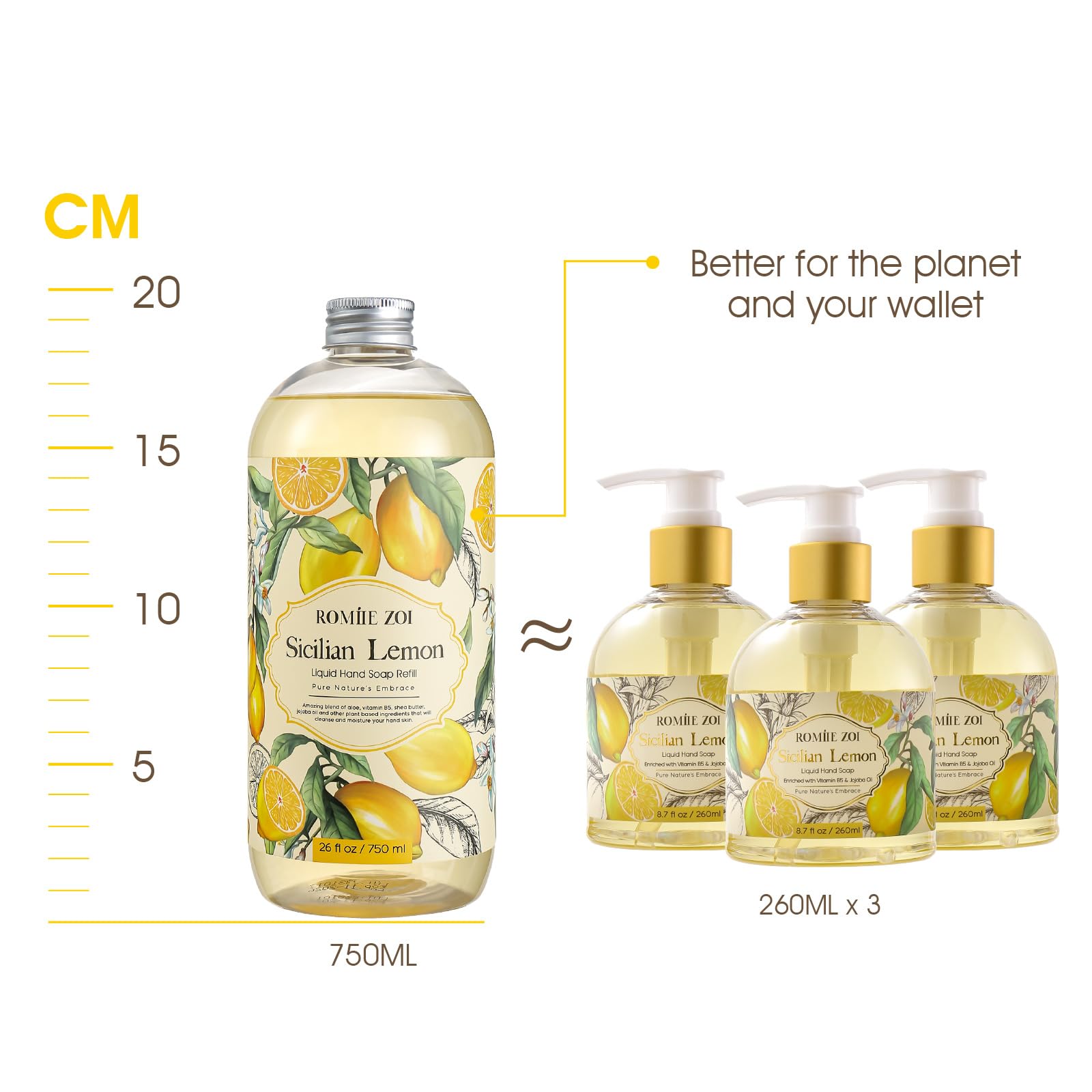 Romiie Zoi Lemon Scent Liquid Hand Soap Refills - Natural, Gentle & Moisturizing Formula - Family Size 3 Pack, Ideal For Liquid