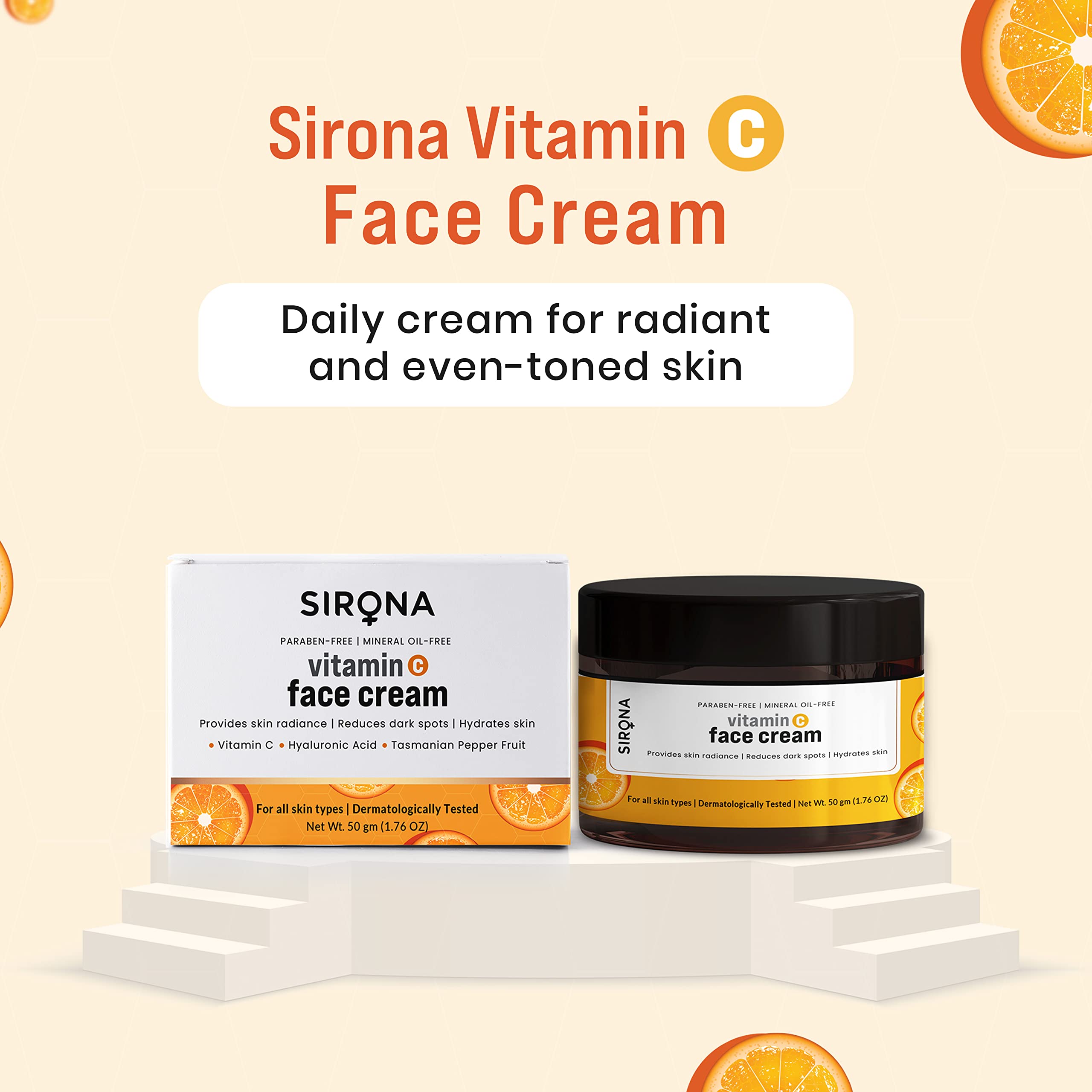 Sirona Vitamin C Face Cream for Hydrates Skin, Provides Skin Radiance & Reduces Dark Spots with Hyaluronic Acid & Tasmanian Pepp