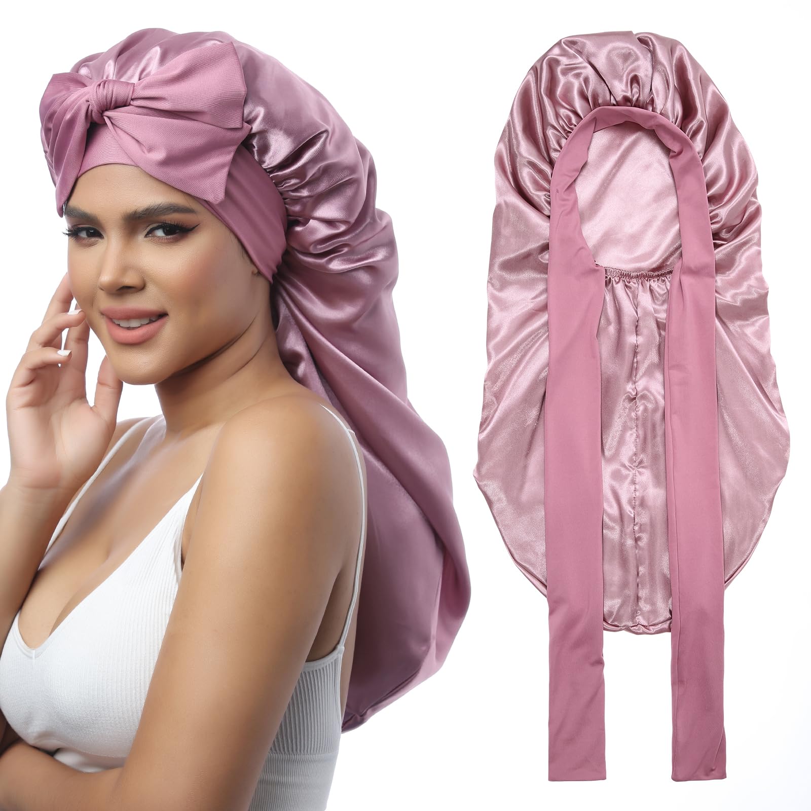 AWAYTR Long Satin Bonnet for Braids - Elastic Silk Hair Bonnets for Sleeping Night Cap Stretchy Tie Band for Women(Rose Gold)