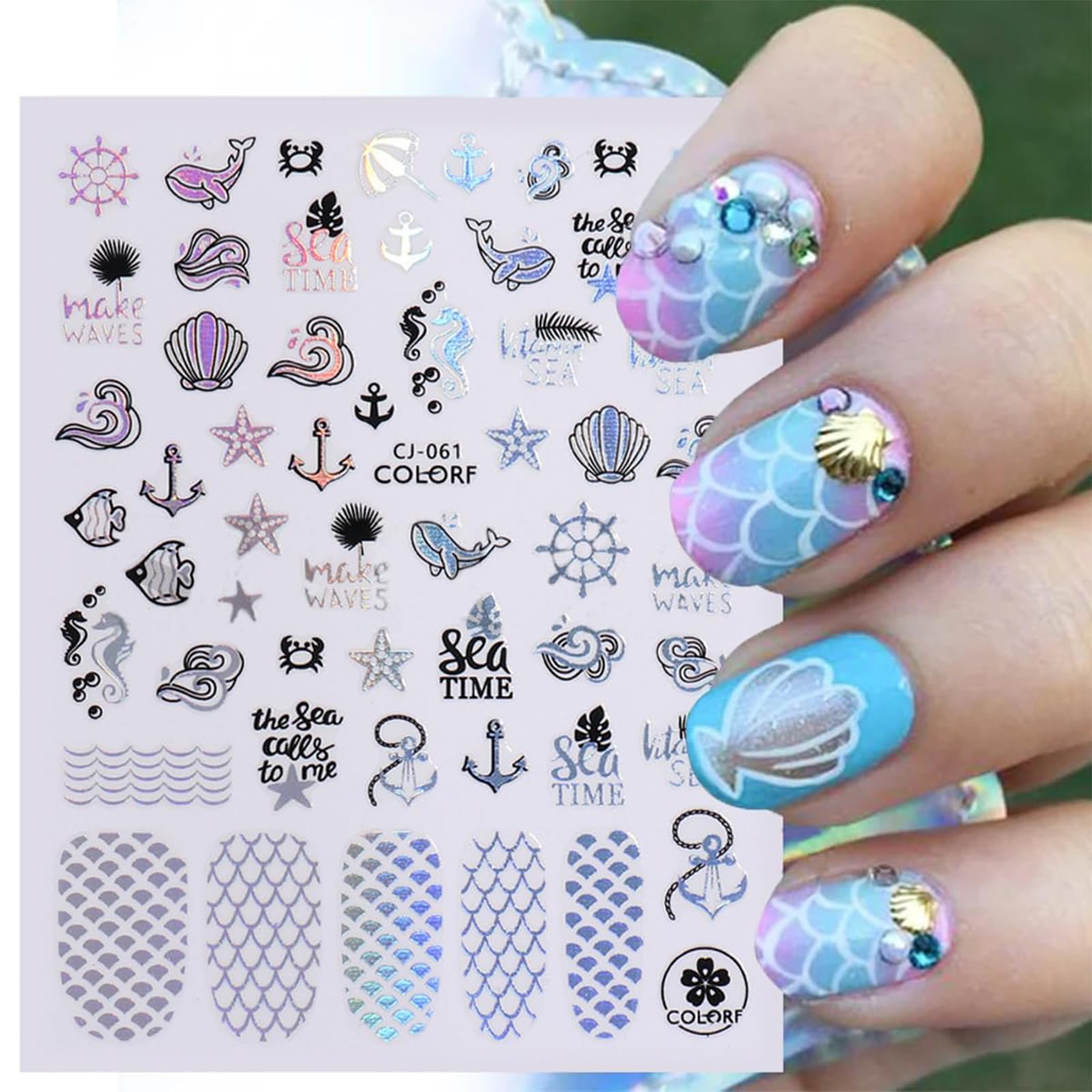 Votacos Summer Nail Stickers For Nail Art 6 Sheets Shell Nail Decals 3D Nail Design Self-Adhesive Nail Supplies Accessories Palm