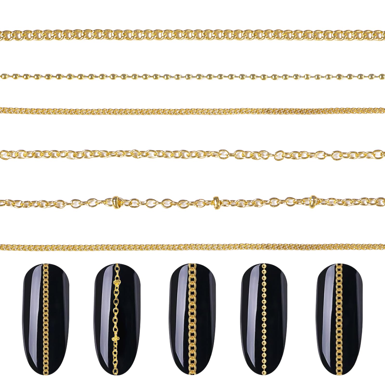30 Strips Nail Chains, Metal Gold Nail Jewelry Chain for Nail Art, 3D Golden Line Nail Chains Nail Strips Punk Gold Nail Chain f