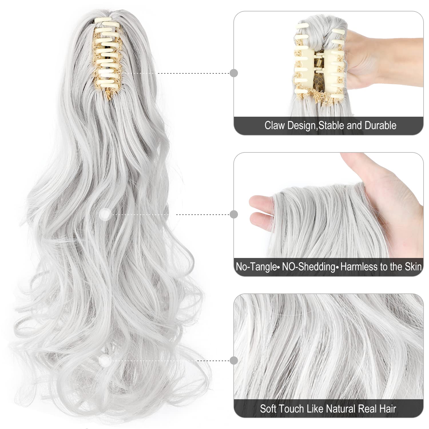 Mitrygreen Claw Clip Ponytail Extension 18'' Clip In Wavy Ponytail Hair Extensions Long Pony Tails For Women Extensions Silver G