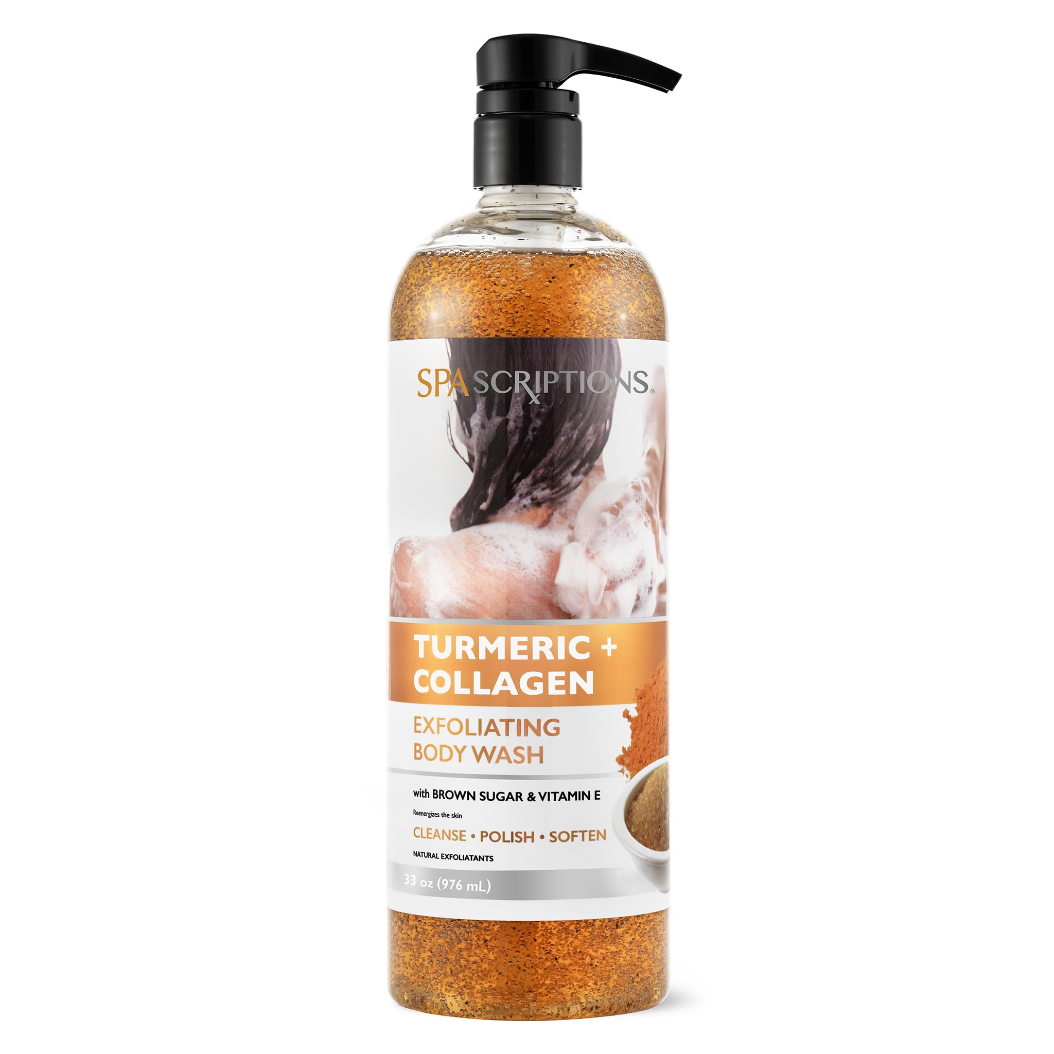 SpaScriptions Turmeric + Collagen Exfoliating Body Wash, 33 oz, Brightening Body Scrub and Body Exfoliator, Sugar Scrub with Bro