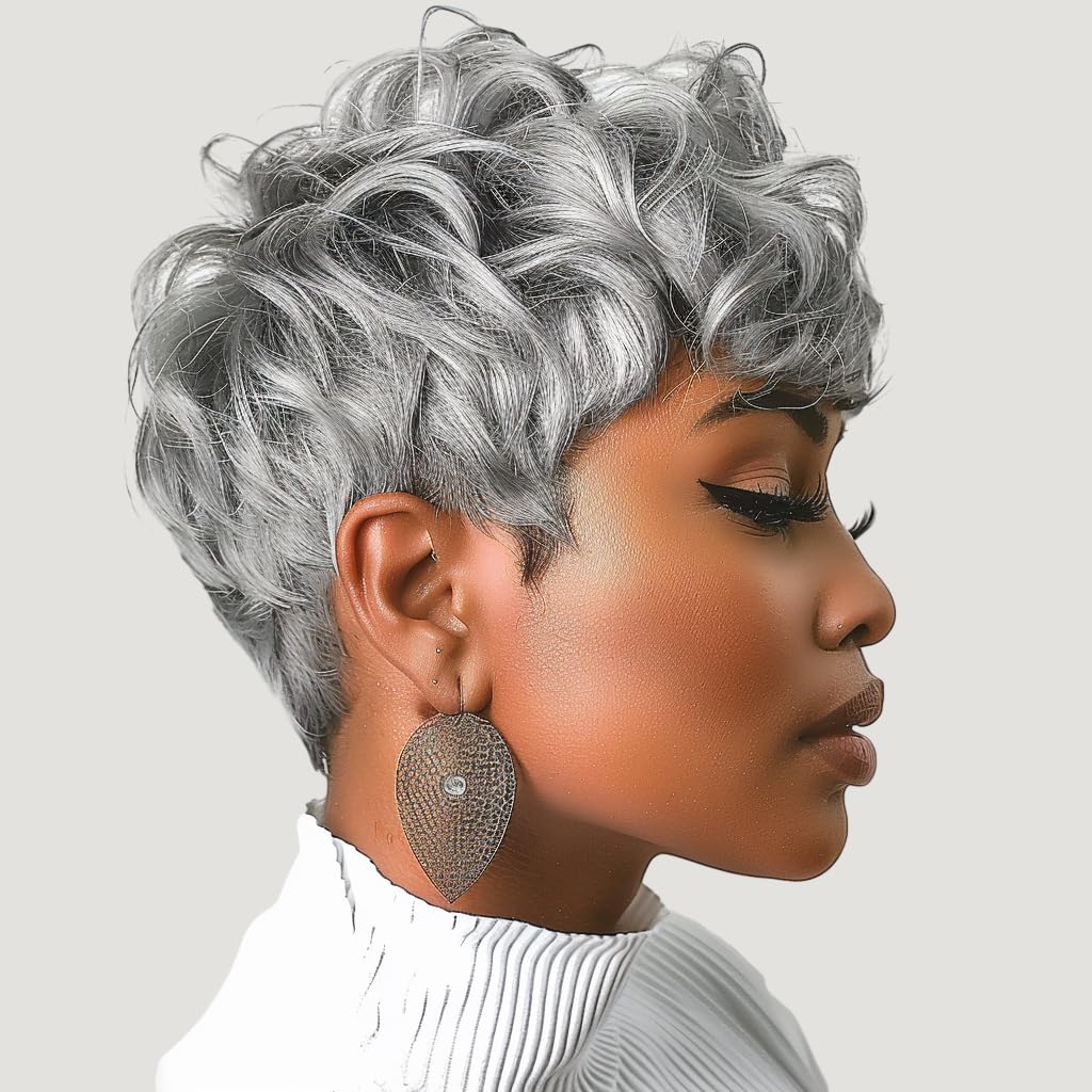 DOcute Gray Wig for Black People Pixie Cut Wig with Bangs Short Pixie Wig, Gray Pixie Cut Wig, Curly Wig for Black Women, Fluffy