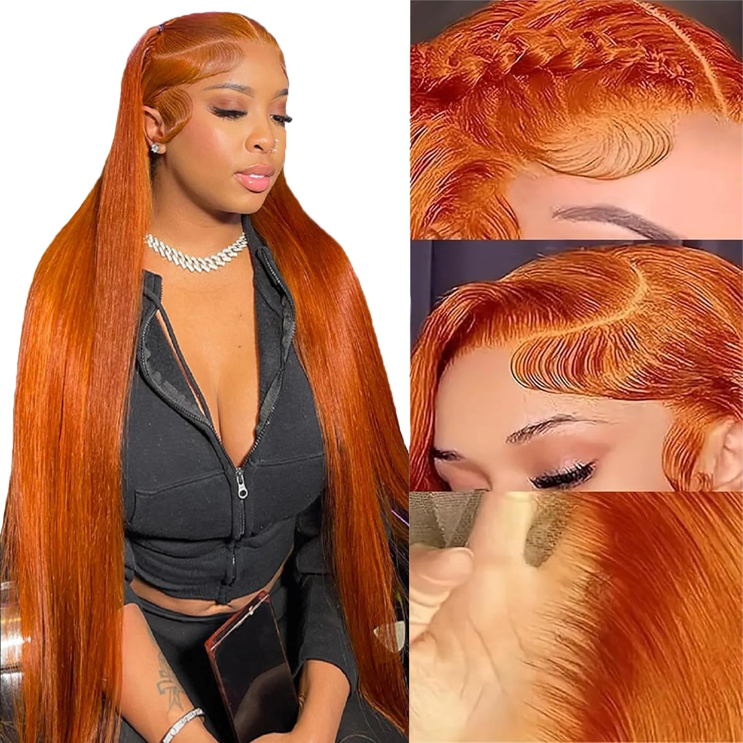 Ginger Lace Front Wigs Human Hair 32inch 180% Density 13x4 Full Frontal Hd Transparent Lace Straight Lace Front Wig Human Hair G
