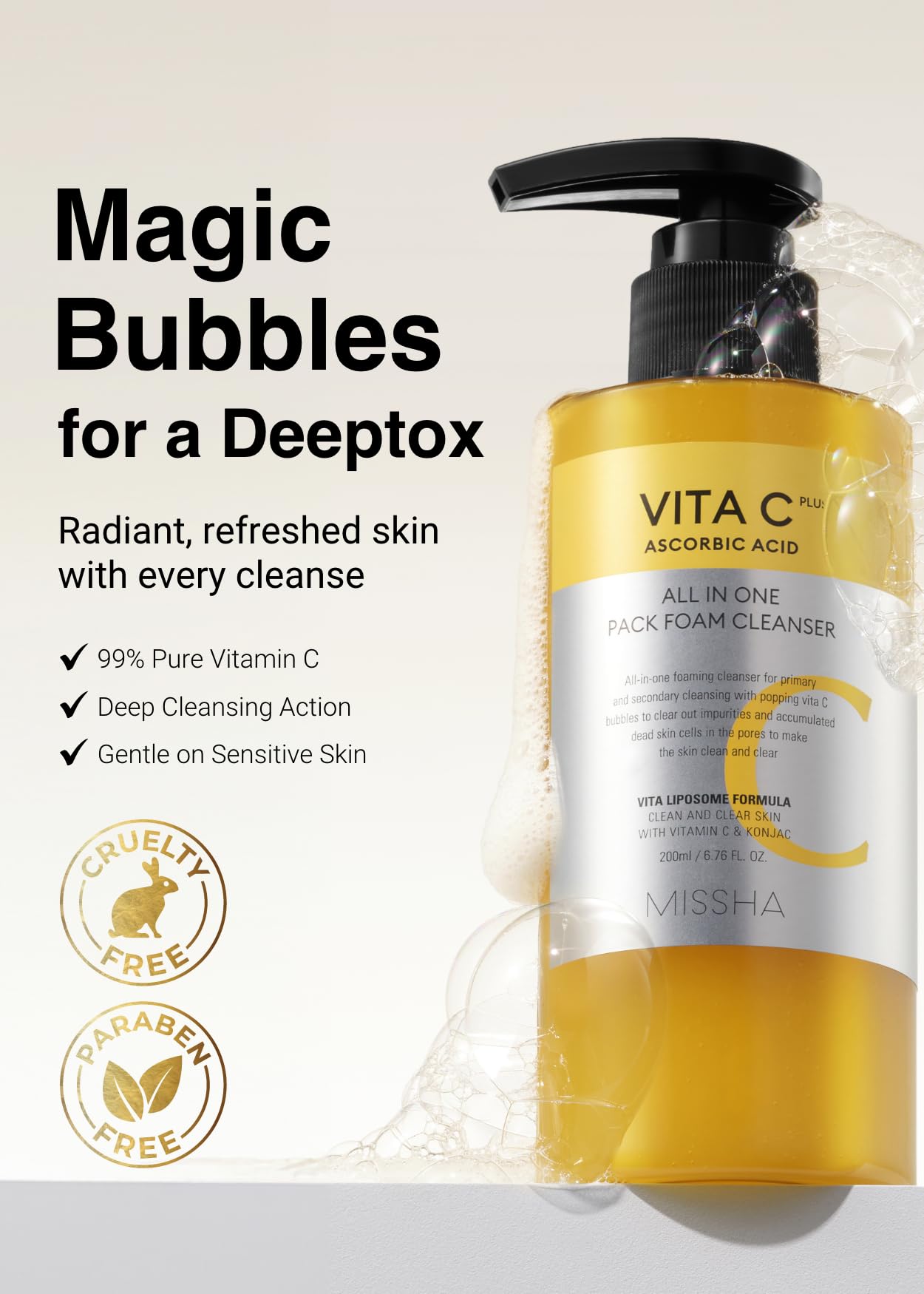 Missha Vita C All-In-One Bubble Foam Facial Cleanser 6.76 Fl Oz / 200Ml- Deep Pore Detox, Magic Bubbles With 99% Pure Vitamin C,