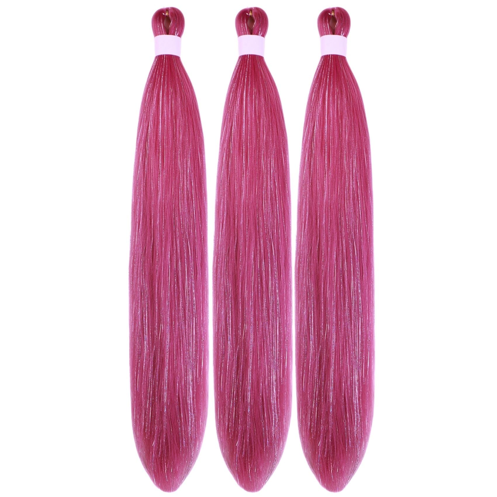 Gozill Dark Pink Braiding Hair Pre stretched Sparkle Tinsel Prestretched Braiding Hair Kids