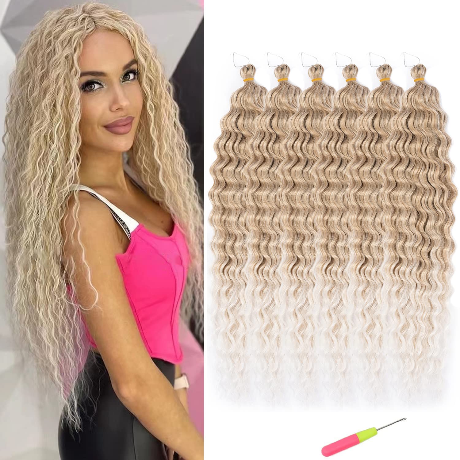 Maysa Blonde Curly Braiding Crochet Hair 30inch 6Packs Deep Wave Crochet Hair Wavy Synthetic Crochet Hair for Women #18/56c Blon