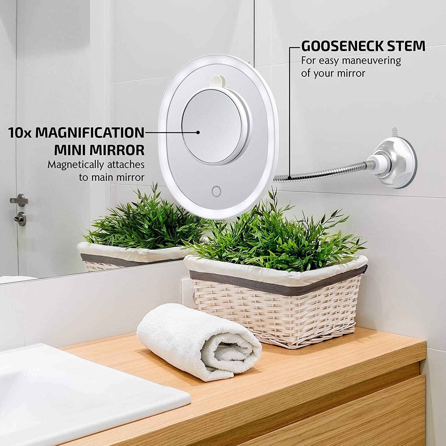Ovente 8.5'' Lighted Makeup Mirror, Rechargeable Swivel Gooseneck With Attachable Suction Cup Wall Mount,10X Magnetic Mini Magni