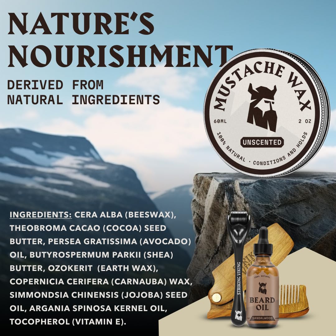 Striking Viking Mustache Wax Kit - 2oz Beeswax Wax & Comb for Taming, Styling & Conditioning Facial Hair - Unscented Strong Hold