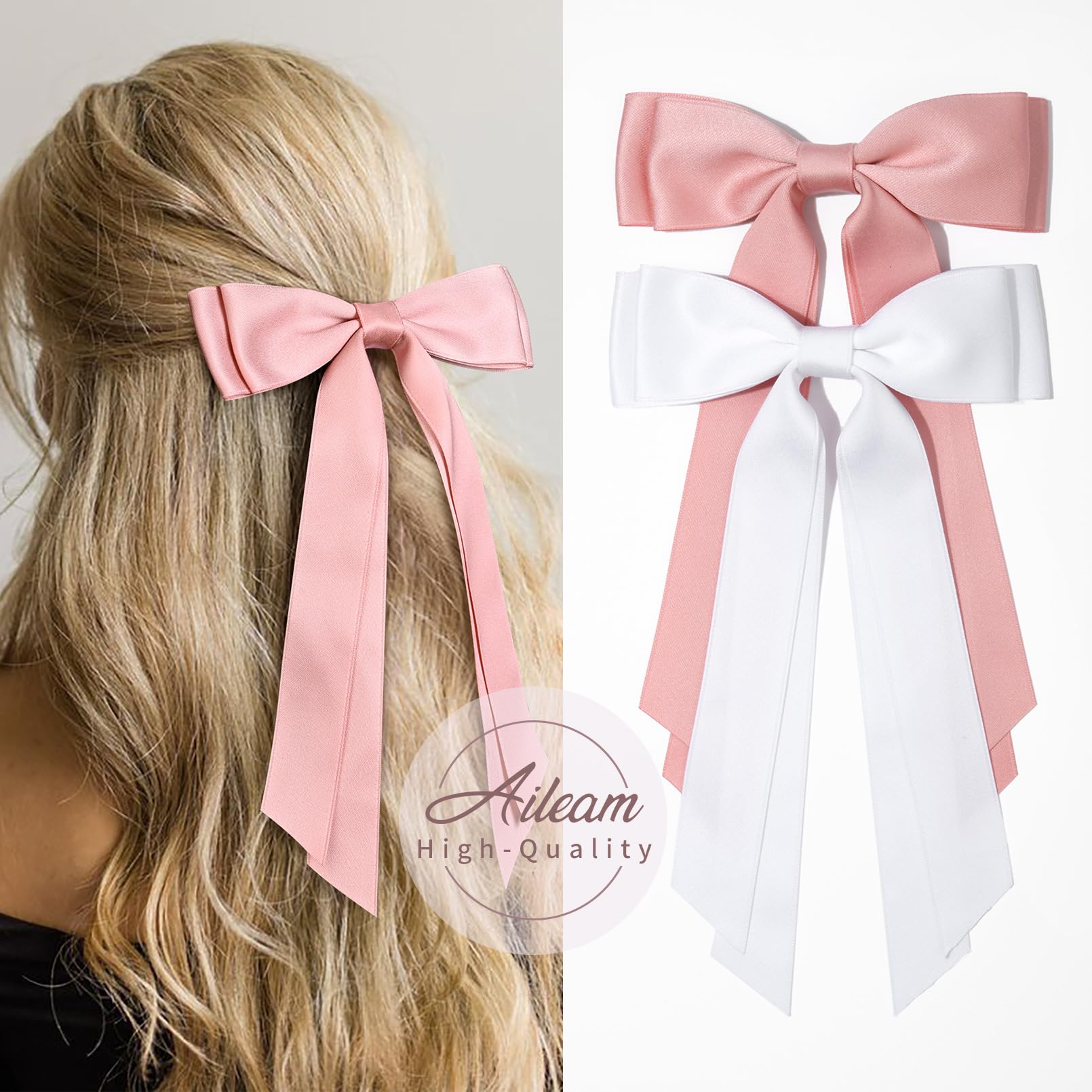 2Pcs Silky Satin Hair Bows Hair Clip Pink White Hair Ribbon Ponytail Holder Accessories Slides Metal Clips Hair Bow For Women Gi