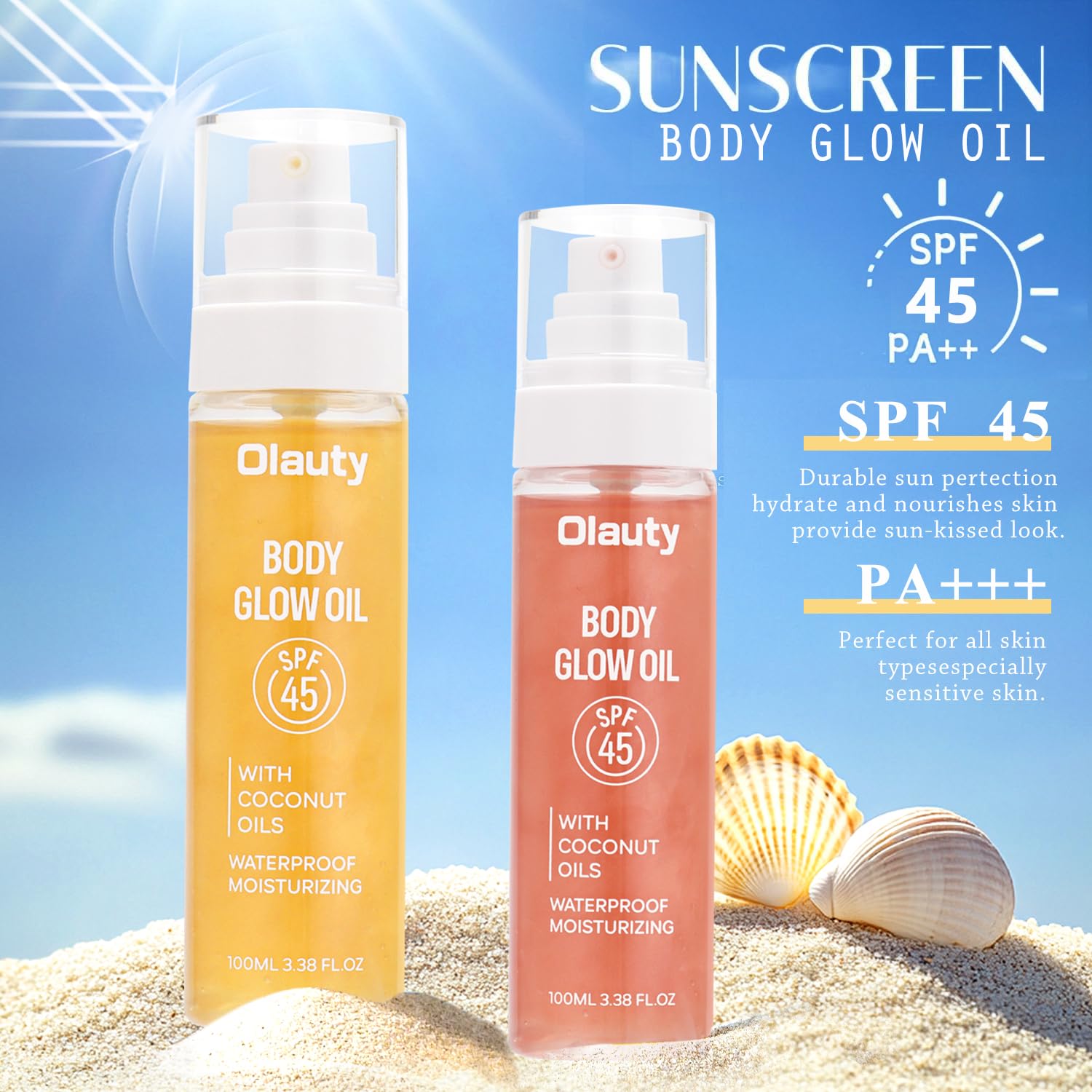 Glow Oil, SPF45 Moisturizing Body Oil Shimmer Sunscreen with Coconut Oil for Dry Skin Nourishing Glowing Skin Care Body Shimmer