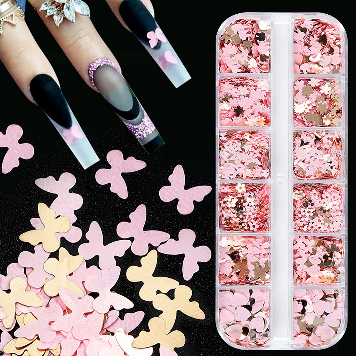 12Grids Valentine'S Day Nail Glitter Sequins Holographic Gold Pink Heart Nail Art Glitter Flakes 3D Flower Rabbit Butterfly Char