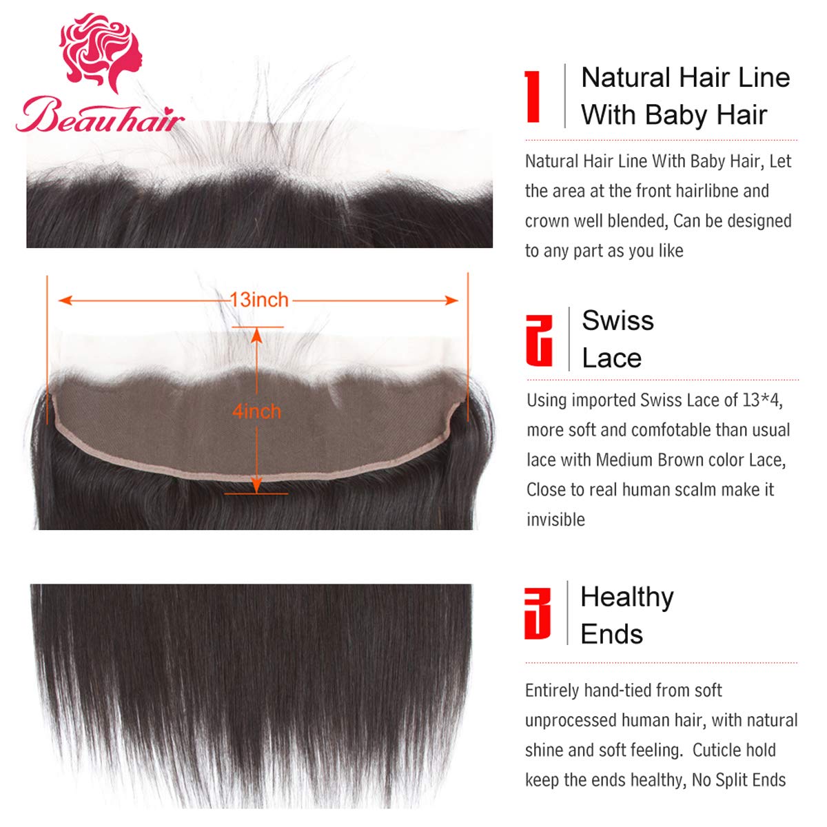 Brazilian Lace Frontal Closure With 3 Bundles Straight Virgin Hair Weave 13X4 Ear To Ear Frontal Lace Closure With Baby Hair 8A