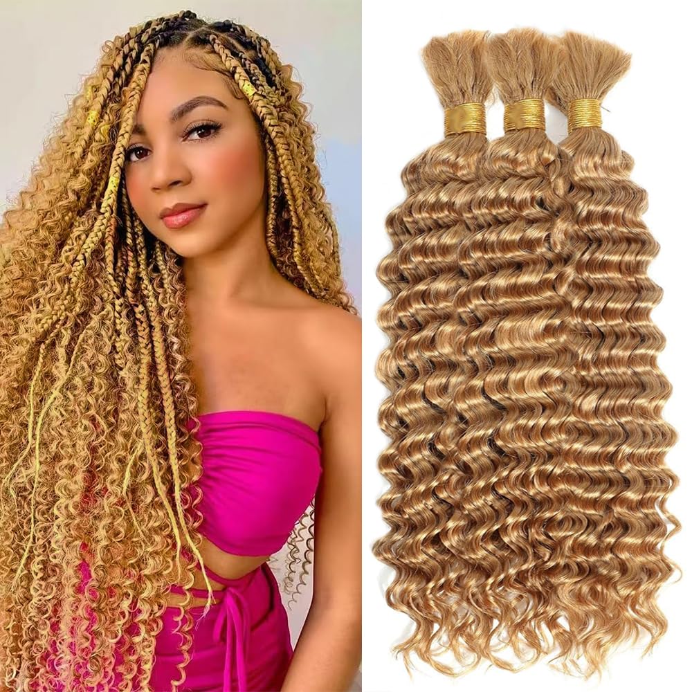 #27 Honey Blonde Human Braiding Hair for Boho Braids 28 28 28 Inch Blonde No Weft Bulk Deep Curly Human Hair Extensions for Brai