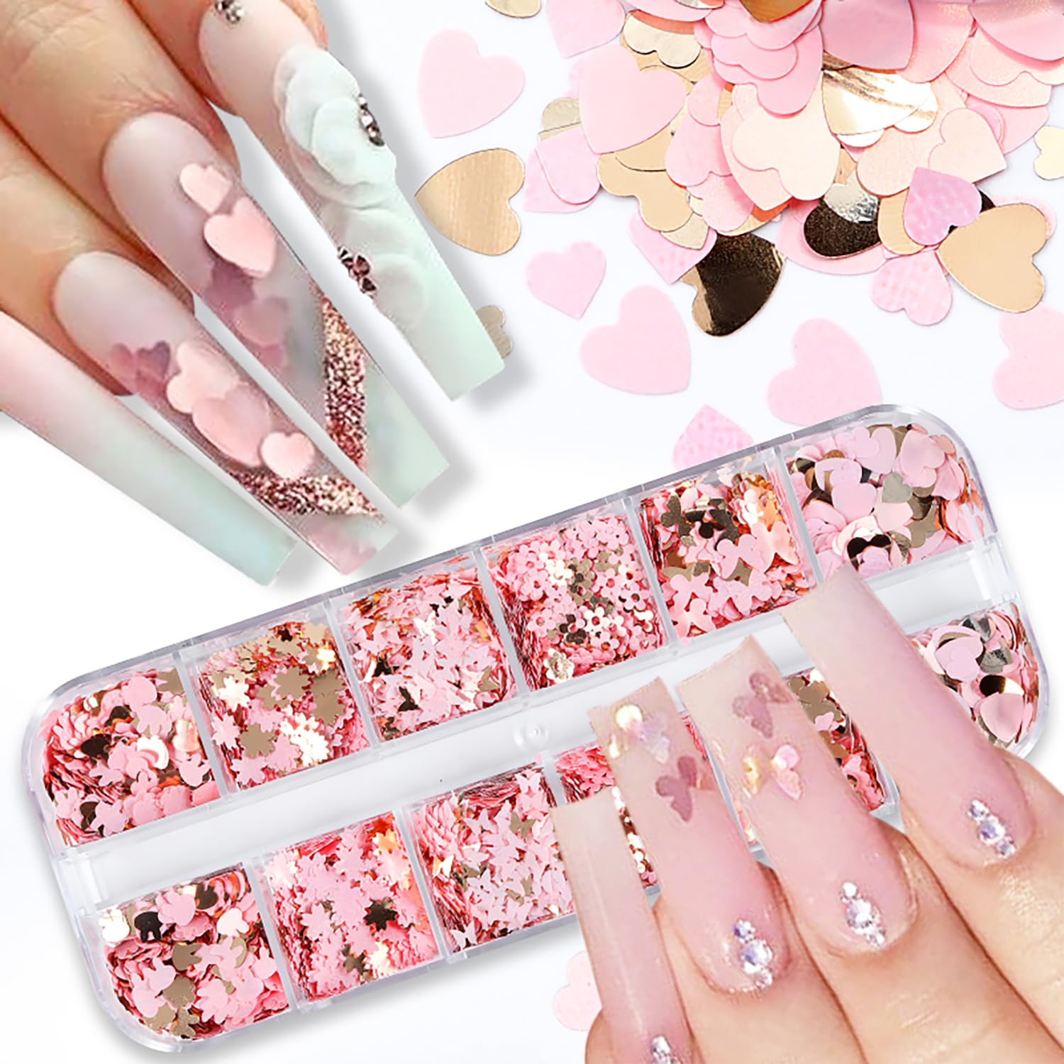 12Grids Valentine's Day Nail Glitter Sequins Holographic Gold Pink Heart Nail Art Glitter Flakes 3D Flower Rabbit Butterfly Char