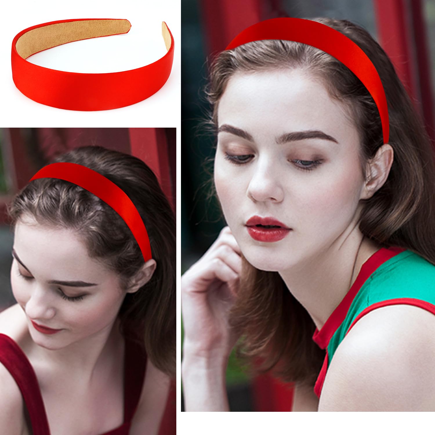 Atoden Satin Red Headbands For Women Girls 1.18 Inch Wide Thin Hard Headbands Non Slip Ribbon Hair Bands Plain Headbands For Cra