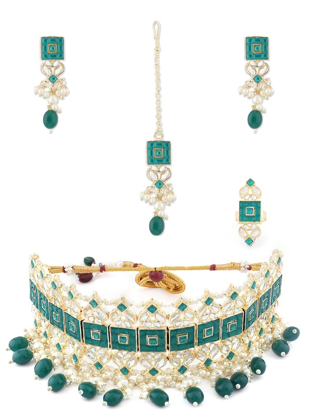 Zaveri Pearls Green Stones & Beads Kundan Choker Necklace Earring Maangtikka & Ring Set For WomenZpfk12202