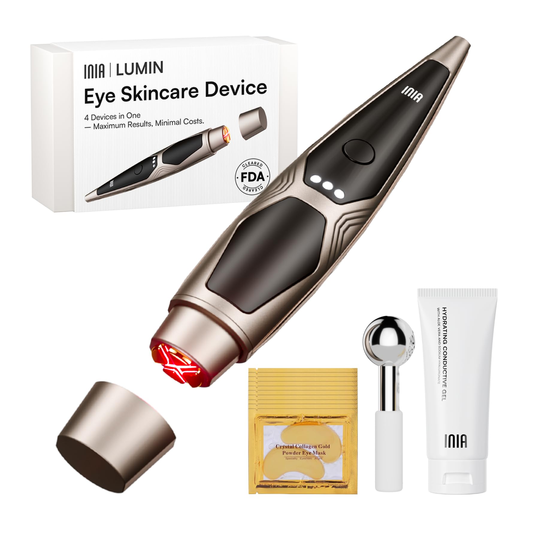 INIA Under-Eye Red Light Therapy for Face, 4-in-1 Beauty Device with Heat, Vibration, Massage & Red Light for Dark Circles, Puff