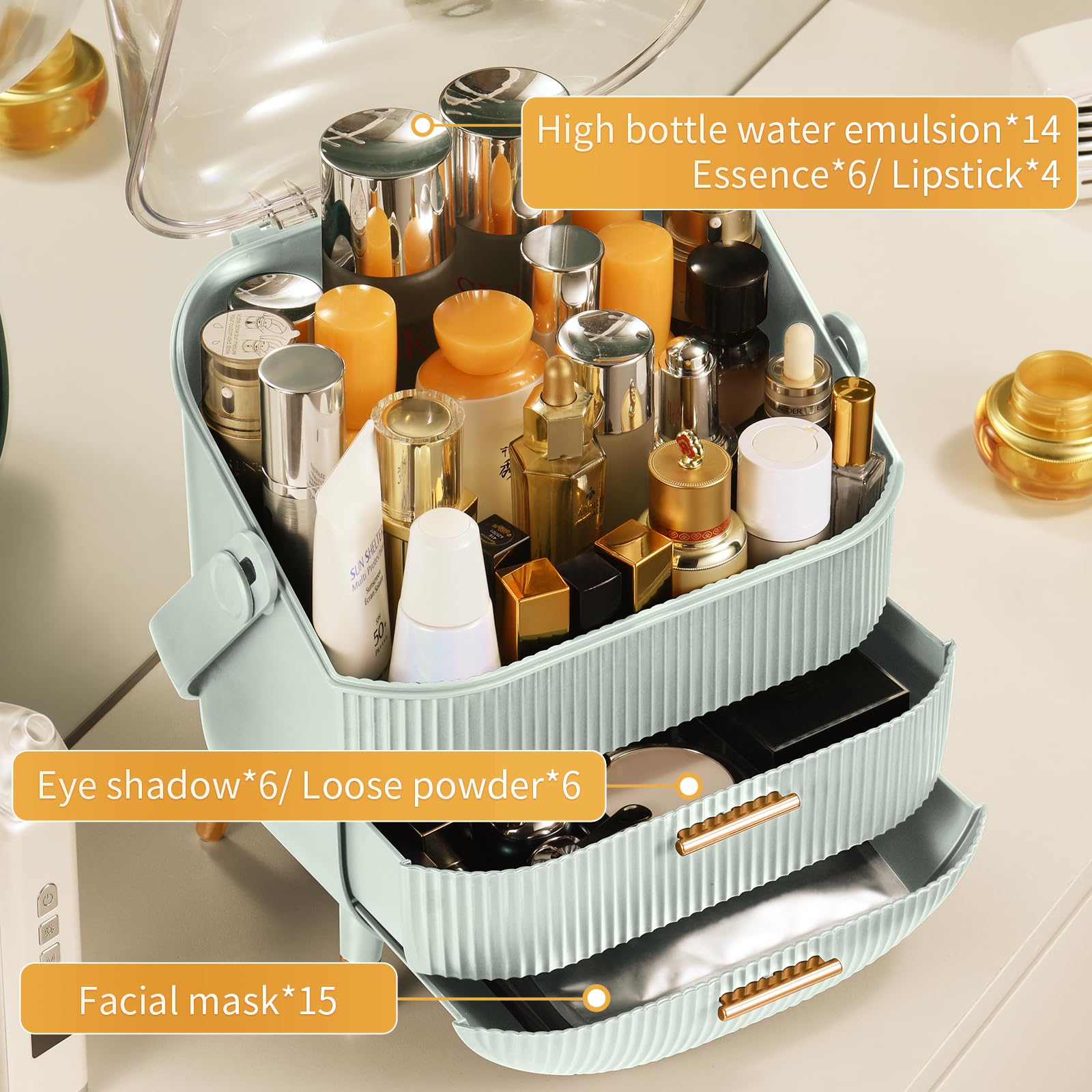 Canitoron Makeup Organizer,Skincare Organizer With 2 Drawers And Transparent Cover,Cosmetic Display Case For Vanity Organizer An